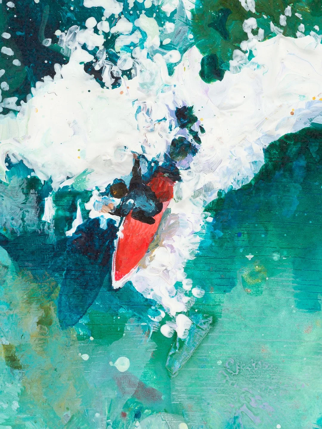 Limited edition surf print 'Follow The Flow' by Lucy Young, depicting two surfers meeting on a Cornish wave.