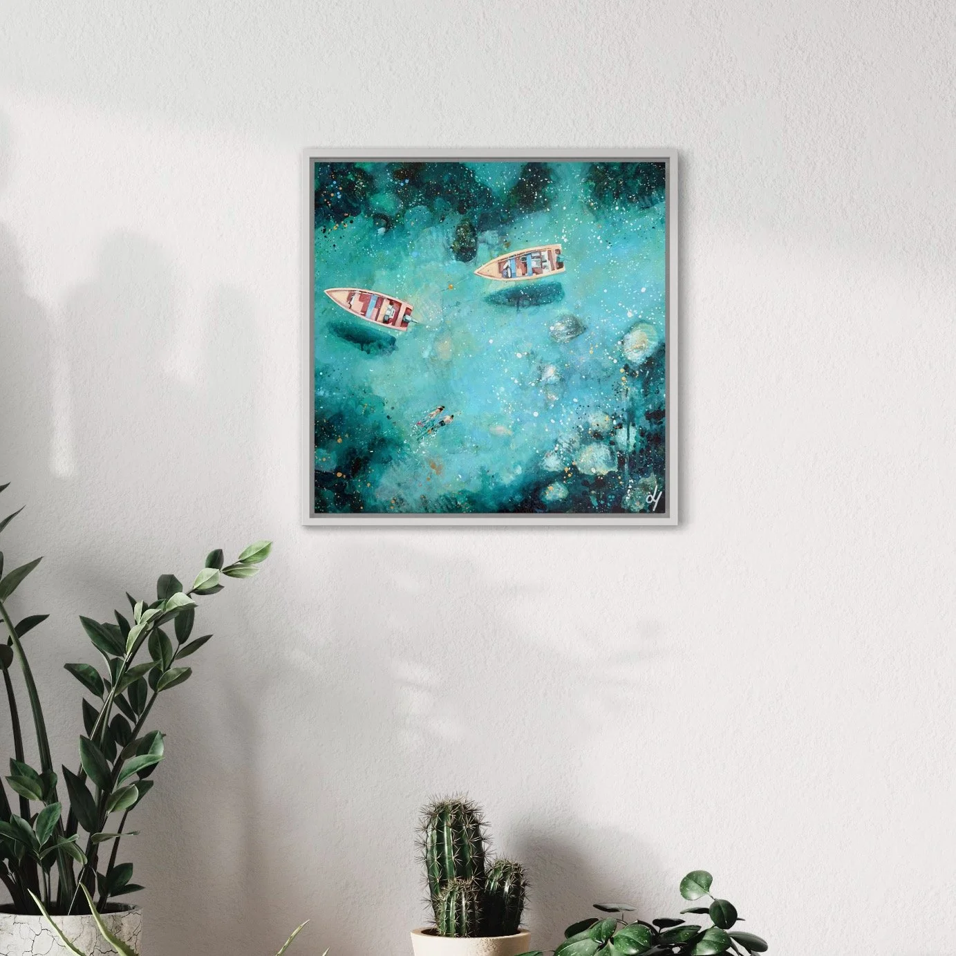 Discover "Crystal Waters," an original acrylic painting by Lucy Young. Featuring two pink wooden boats and a couple snorkelling in clear Mediterranean waters. A contemporary study of light, texture, and coastal adventure.