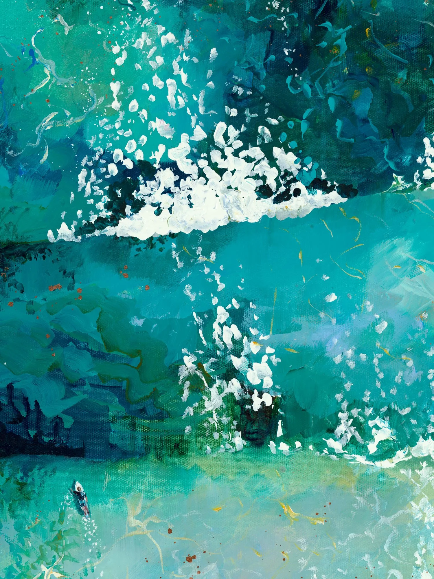 Large original acrylic painting 'Graceful Gwithian' by Lucy Young. Features dark blue rolling surf, coastal rocks, and a surf school on Gwithian Beach, Cornwall.