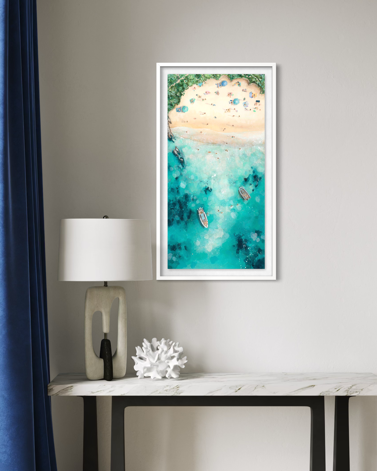 High-aerial art print titled Destination Anywhere by Lucy Young, showing a tropical cove with palm trees, white sand, and boats in turquoise water.