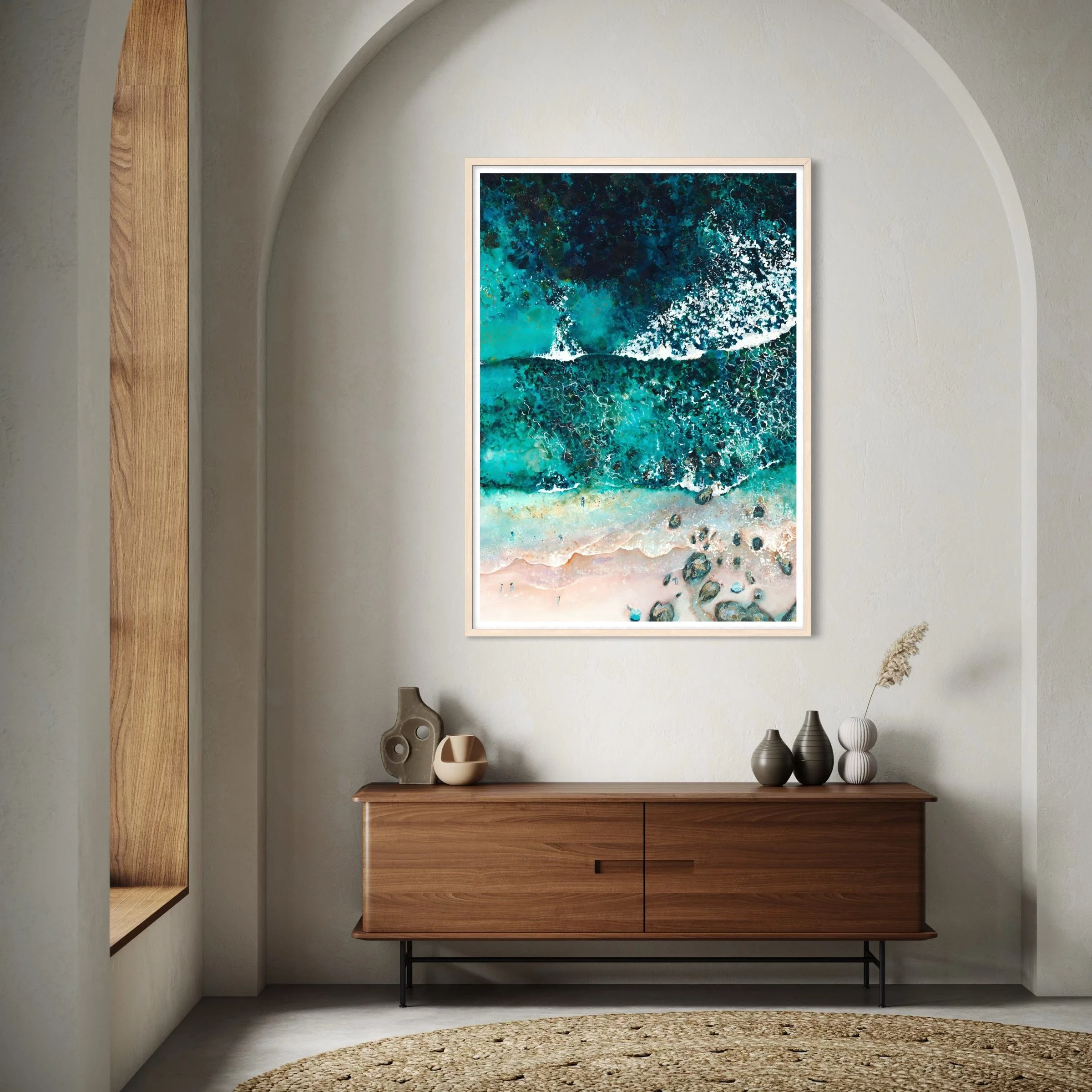 large coastal print hanging in a modern coastal interior hallway.