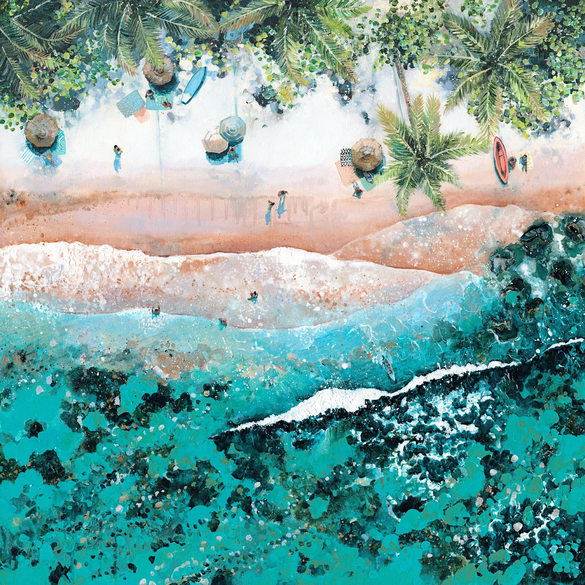 vibrant tropical art print titled Sunlit Palms by Lucy Young, showing aerial palm trees over turquoise water.