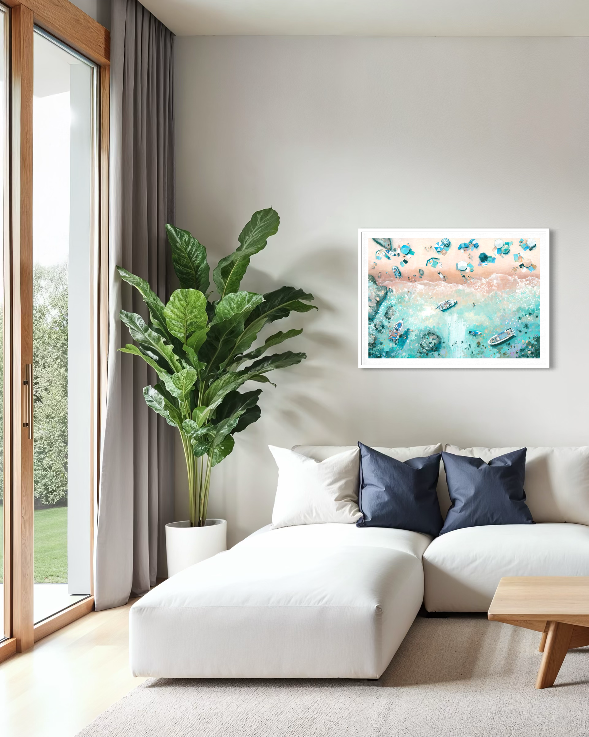 The Sea Glass Cove print in a modern bedroom with neutral furnishings, capturing the pastel tones of a busy summer on Sunny Cove beach, Salcombe