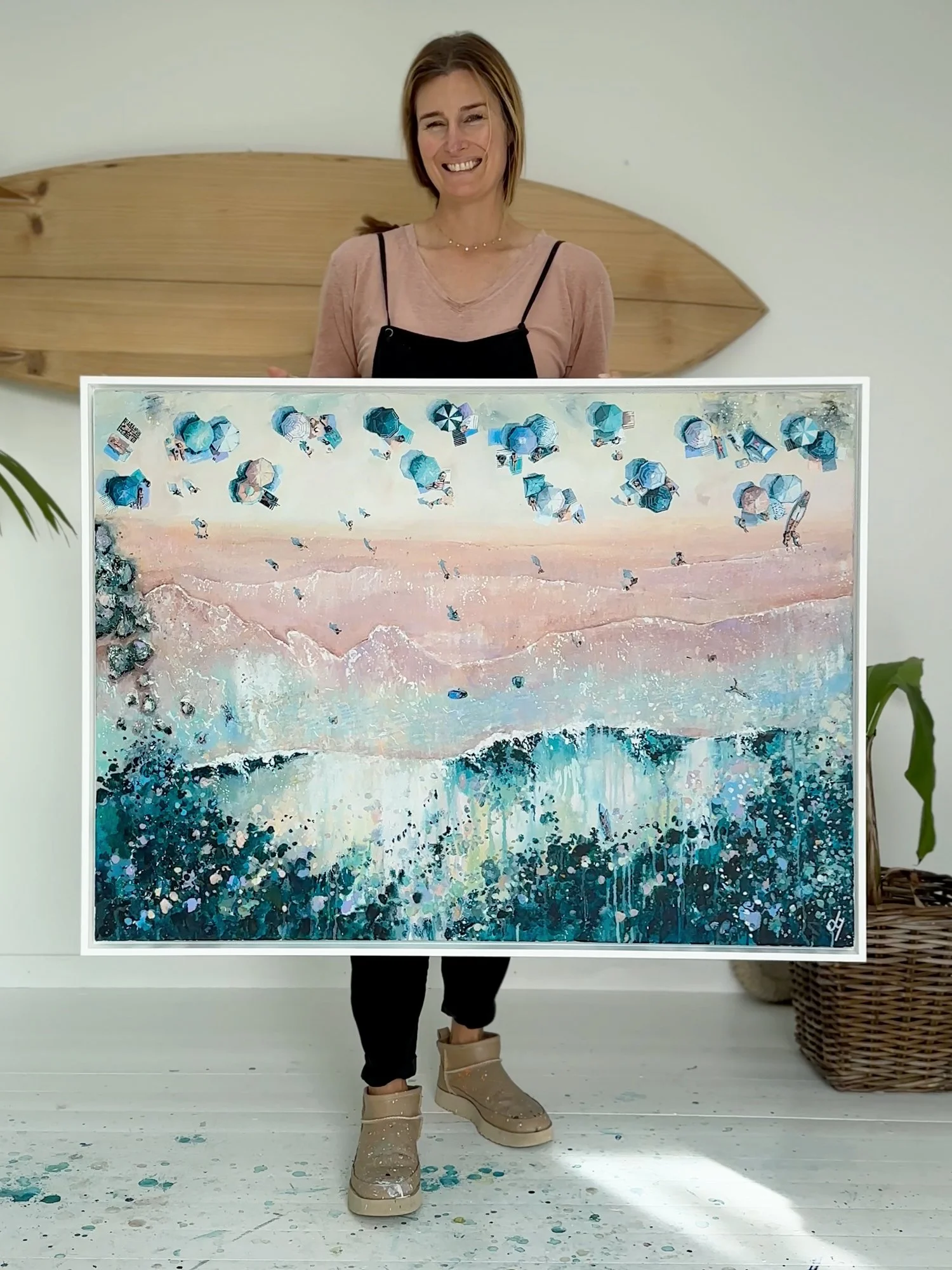 Large original aerial acrylic painting 'Rhythm of the Sea' by Lucy Young. A detailed study of turquoise waves and white surf inspired by the Cornwall coast.