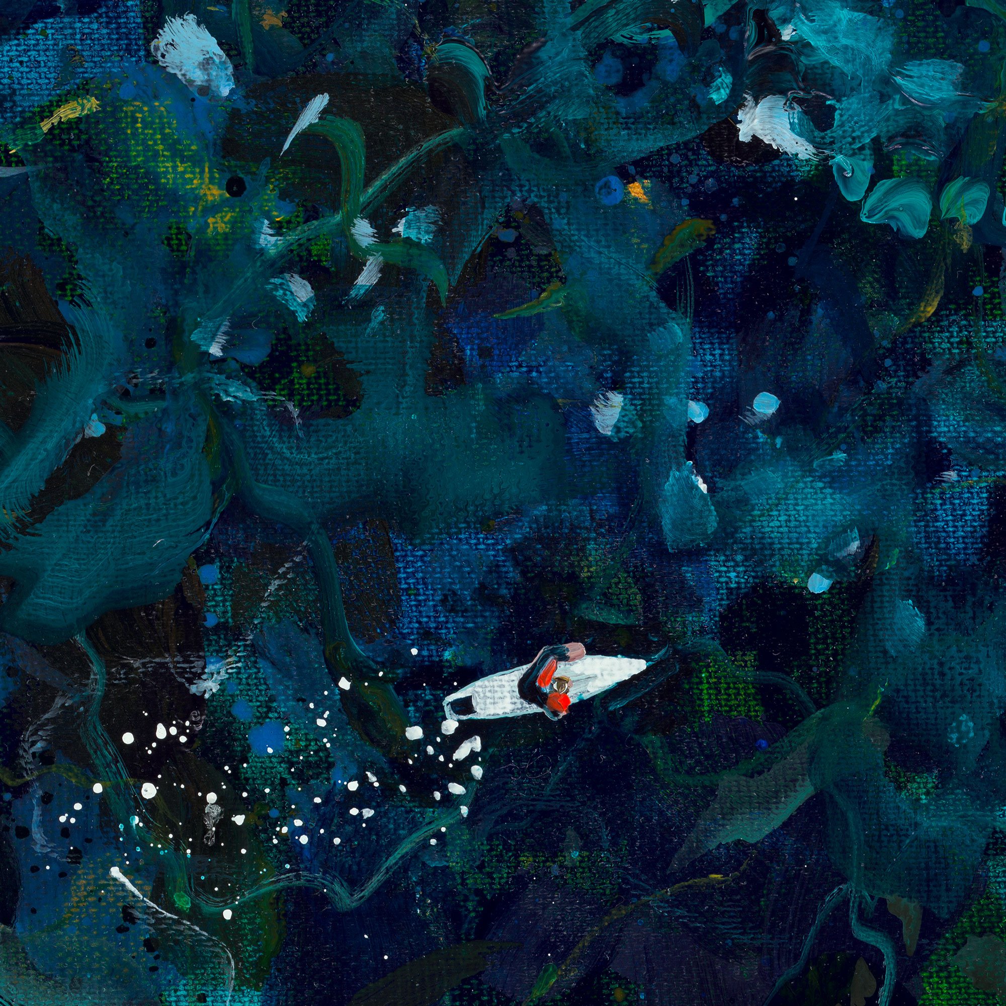 Large original acrylic painting 'Graceful Gwithian' by Lucy Young. Features dark blue rolling surf, coastal rocks, and a surf school on Gwithian Beach, st ives bay, Cornwall.