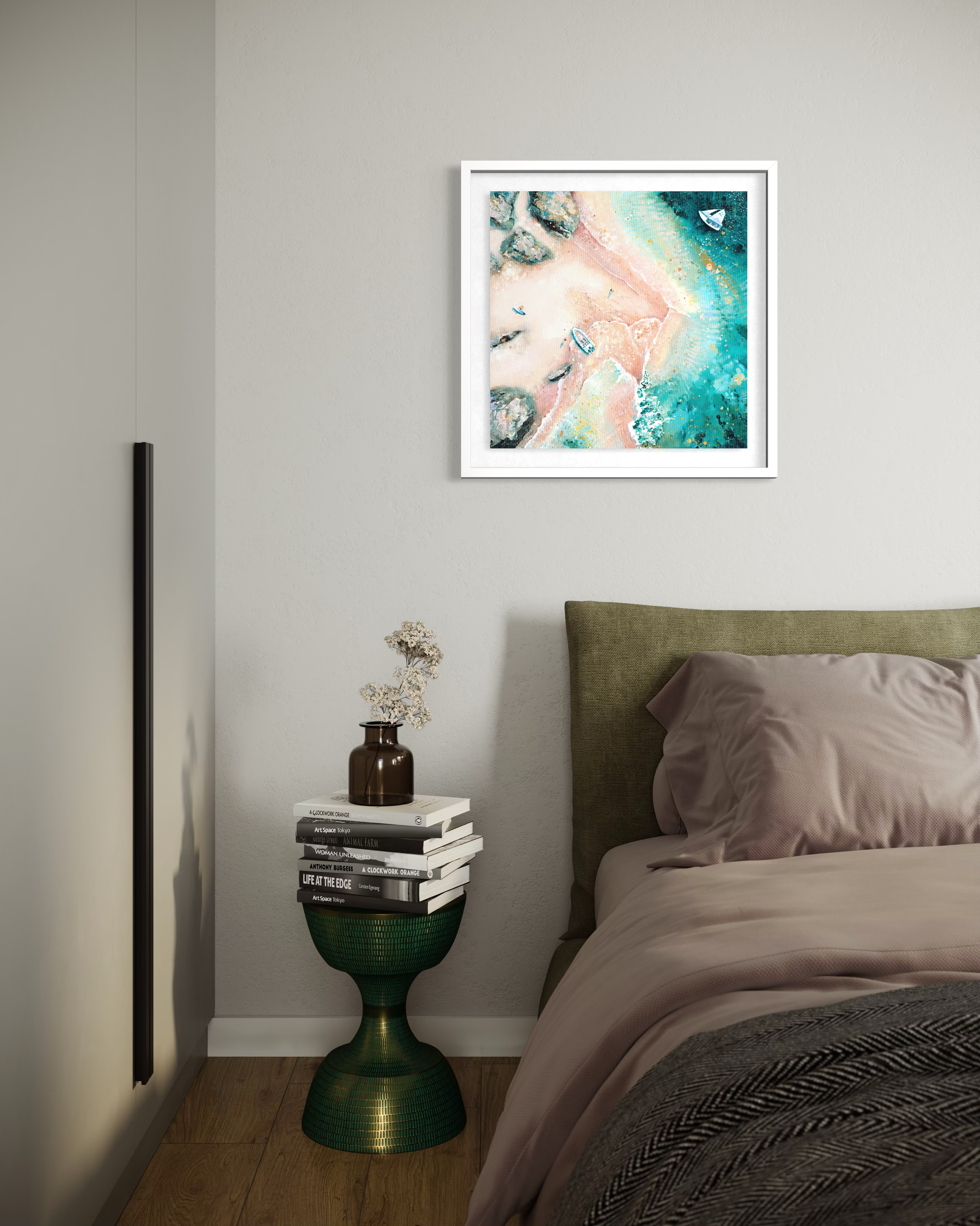 small aerial art print titled Gentle Tides by Lucy Young, featuring a white sailing boat and a boat resting on the secret summer sandbar.