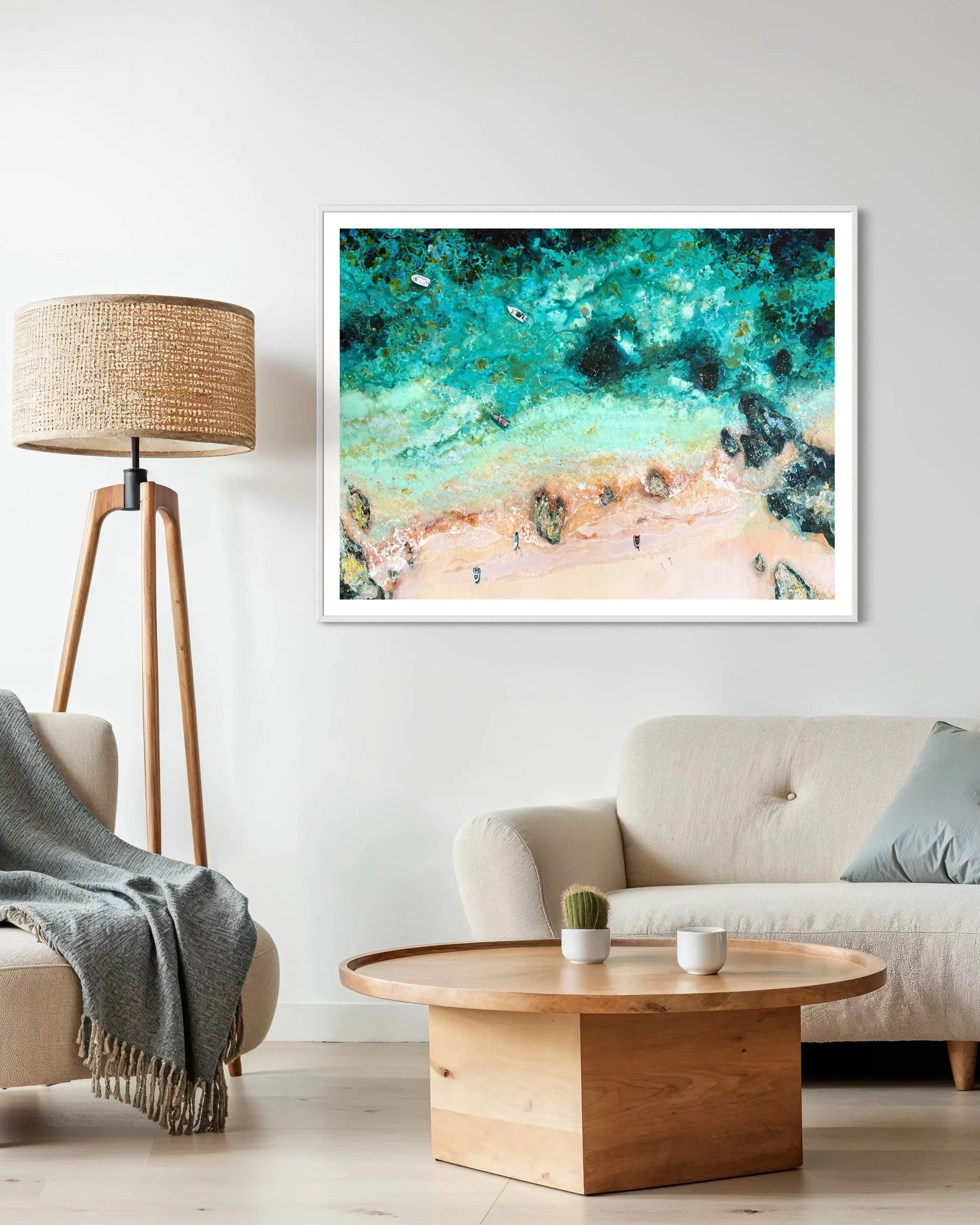 framed mill bay art print titled Coastal Calling, styled in a bright, modern British living room with a coastal theme.