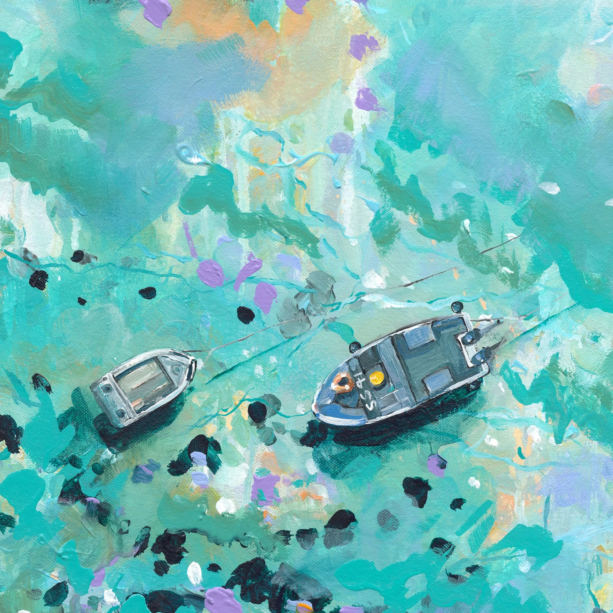 Close-up of the wooden boat textures and the soft pink sandy ripples on the Drifting Tides archival giclée print