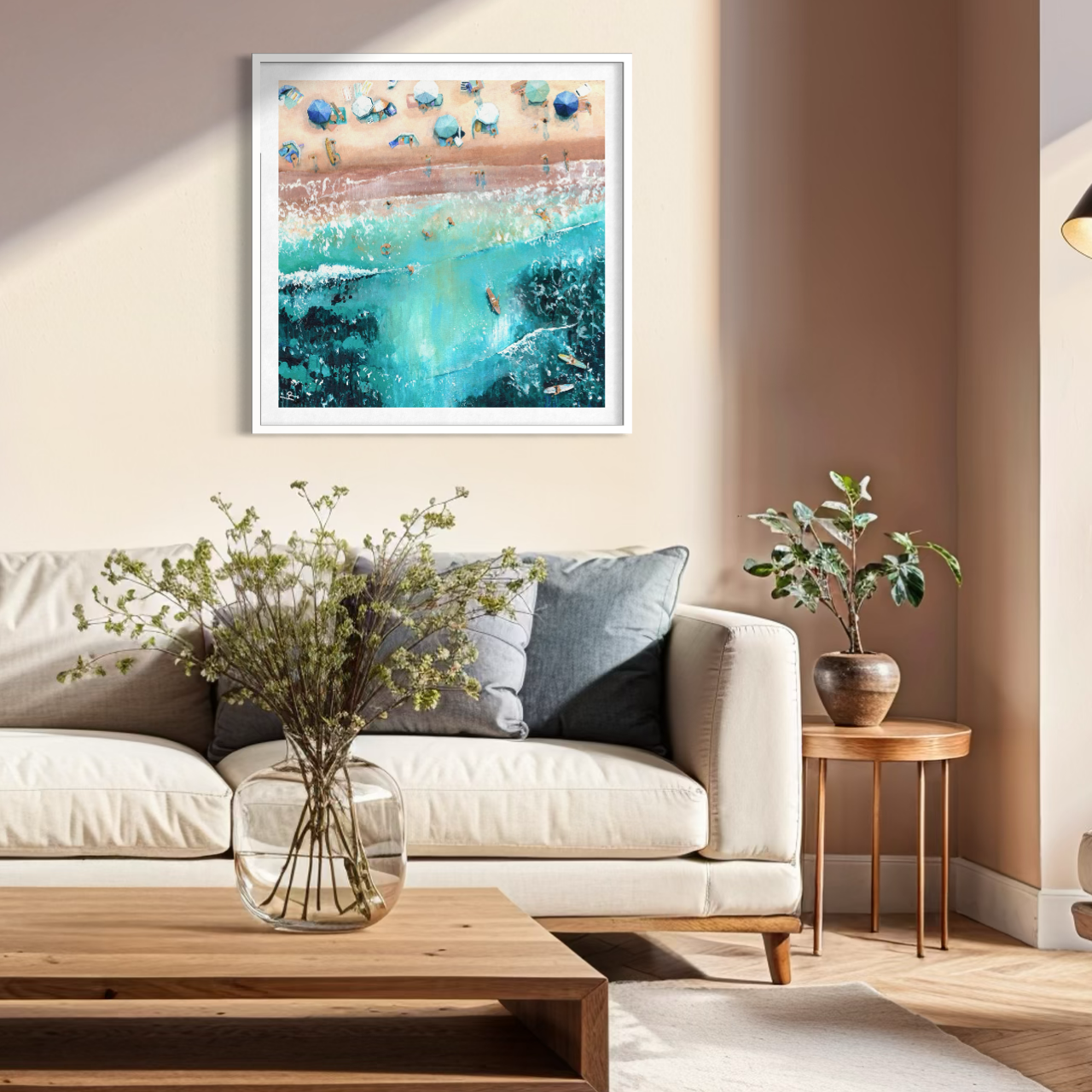 The Heatwave print styled in a modern, neutral lounge, acting as a high energy focal point