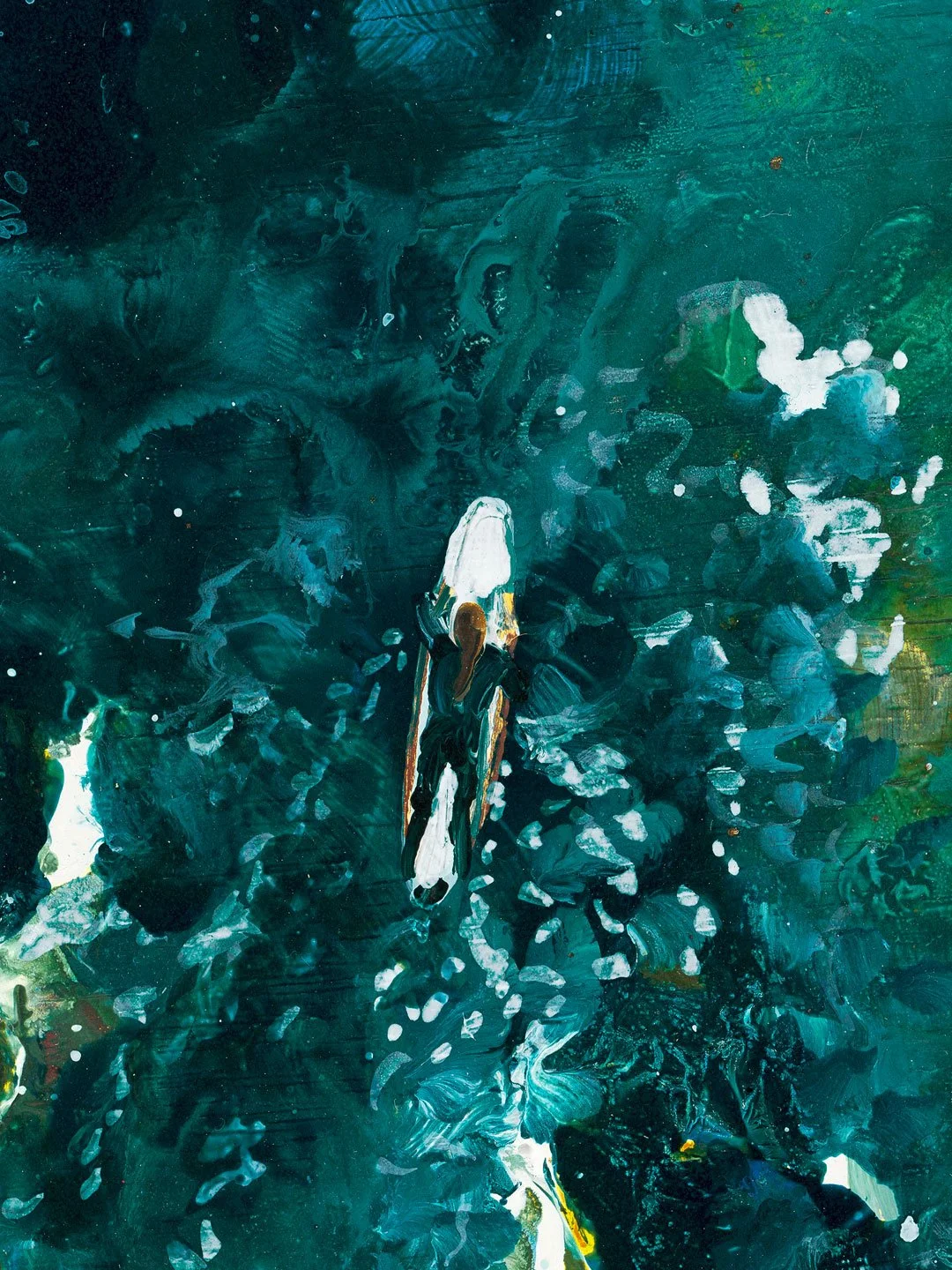 Limited edition coastal print 'Three Mile Surfers' featuring three surfers on a dark turquoise wave at Gwithian Beach, Cornwall.