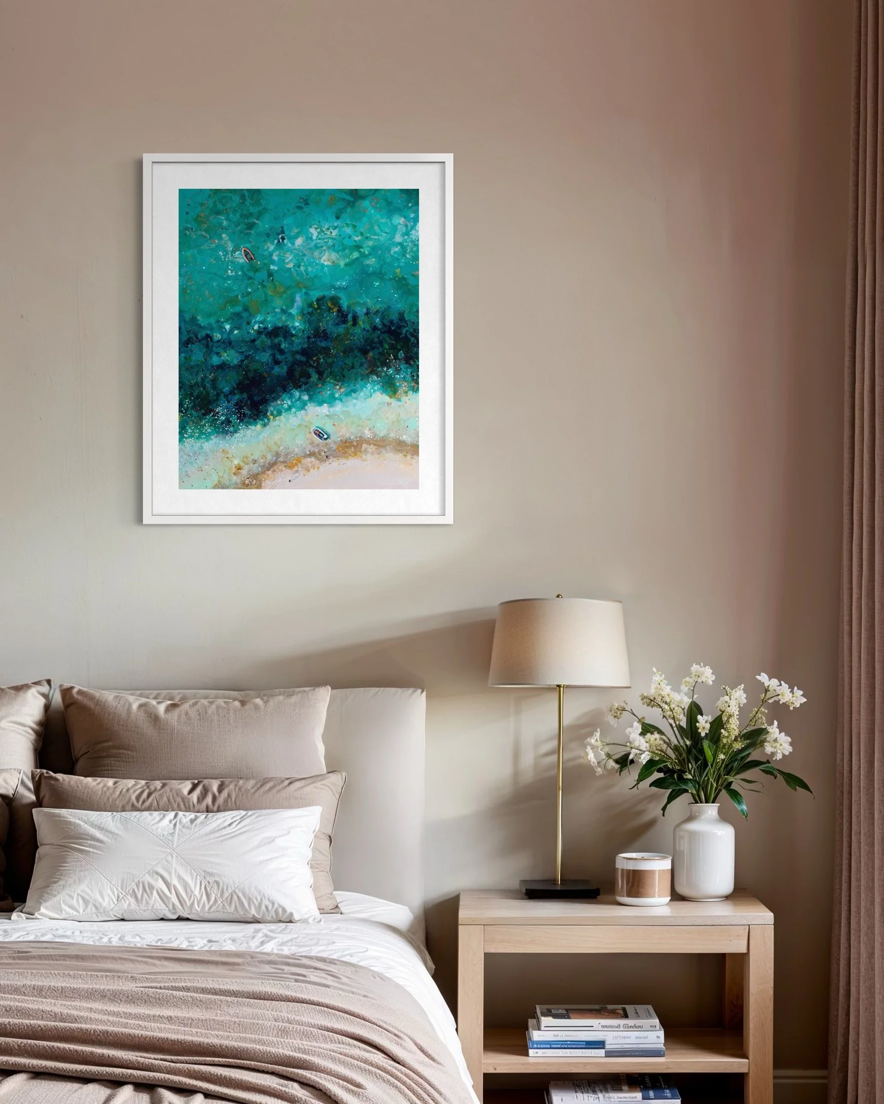 laser blue coastal art print hanging in a modern bedroom above bed, salcombe wall art decor.