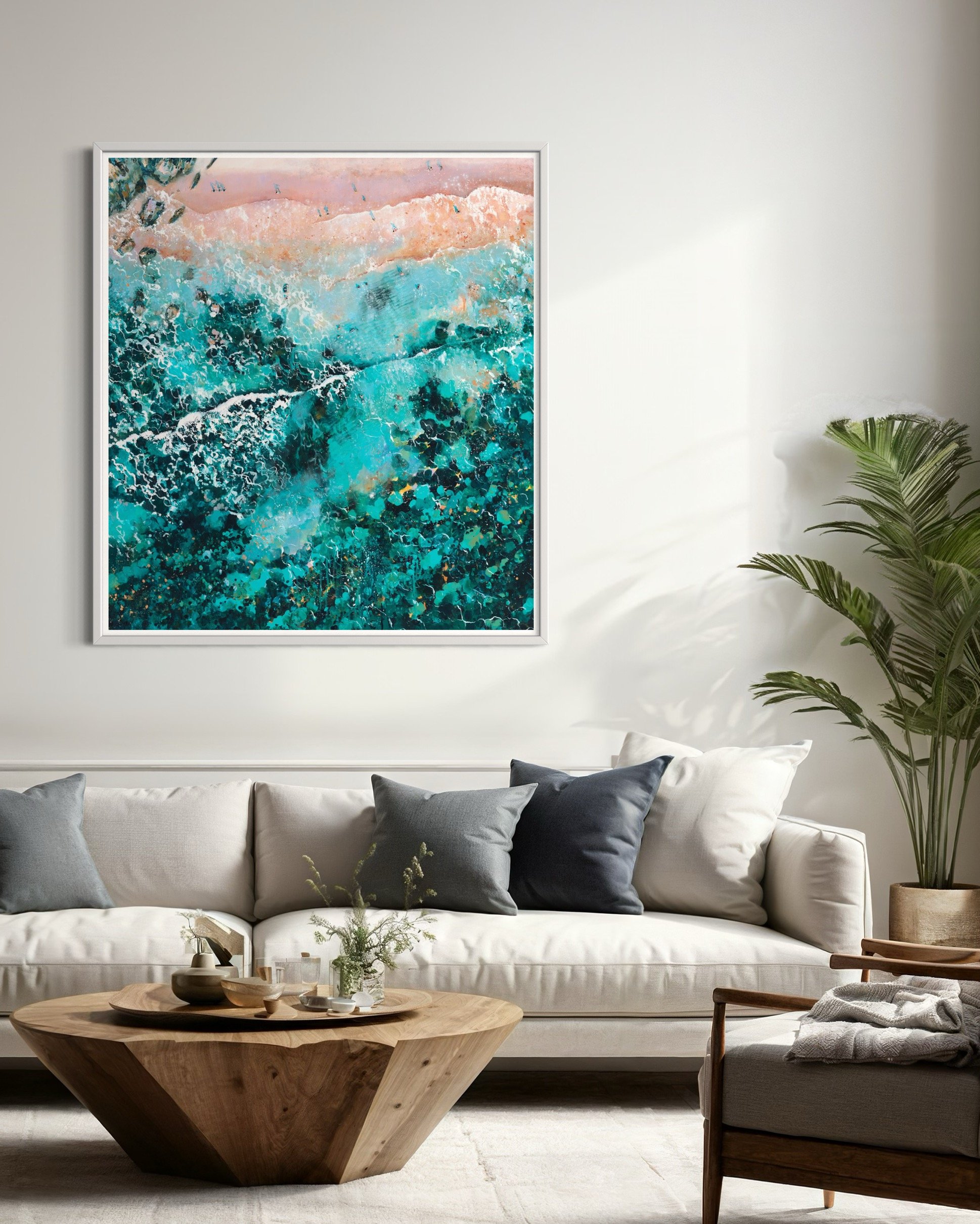 Large framed Enigmatic Waves print styled as a statement piece in a contemporary minimalist living room
