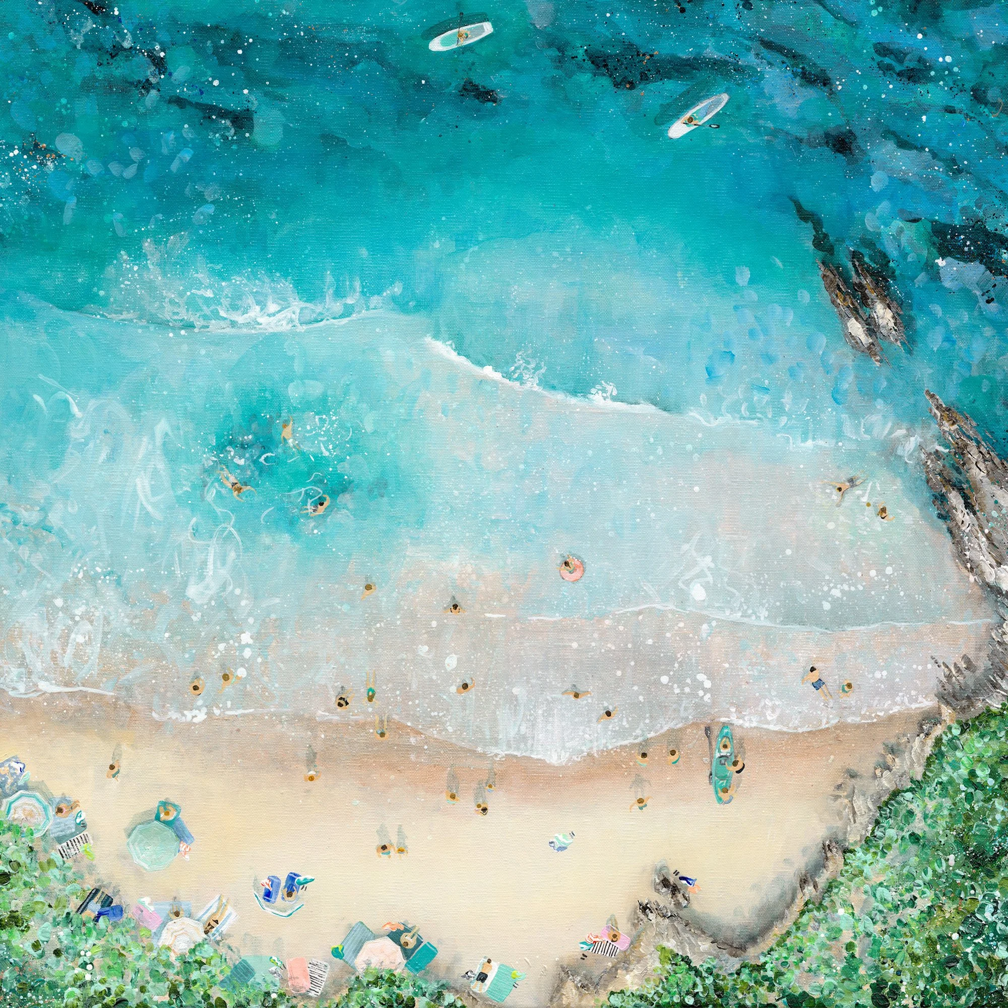 Close-up of the miniature swimmers and clear turquoise water details on the Secret Hideaway archival giclée print