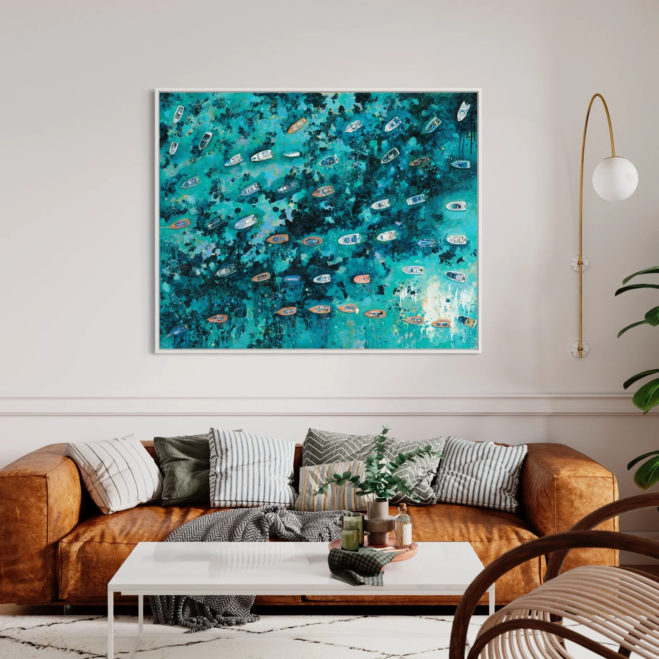 Explore "Rising Light," a contemporary original acrylic painting of Salcombe Harbour by Lucy Young. Featuring iconic wooden Salcombe Yawls and local boats moored on the estuary at dawn. A sophisticated study of South Devon maritime life.