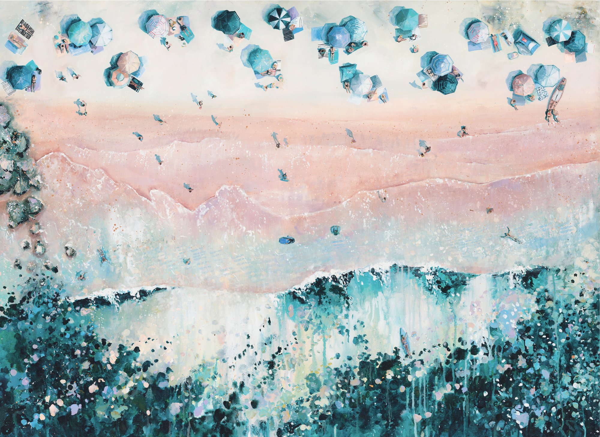 Large original aerial acrylic painting 'Rhythm of the Sea' by Lucy Young. A detailed study of turquoise waves and white surf inspired by the Cornwall coast.