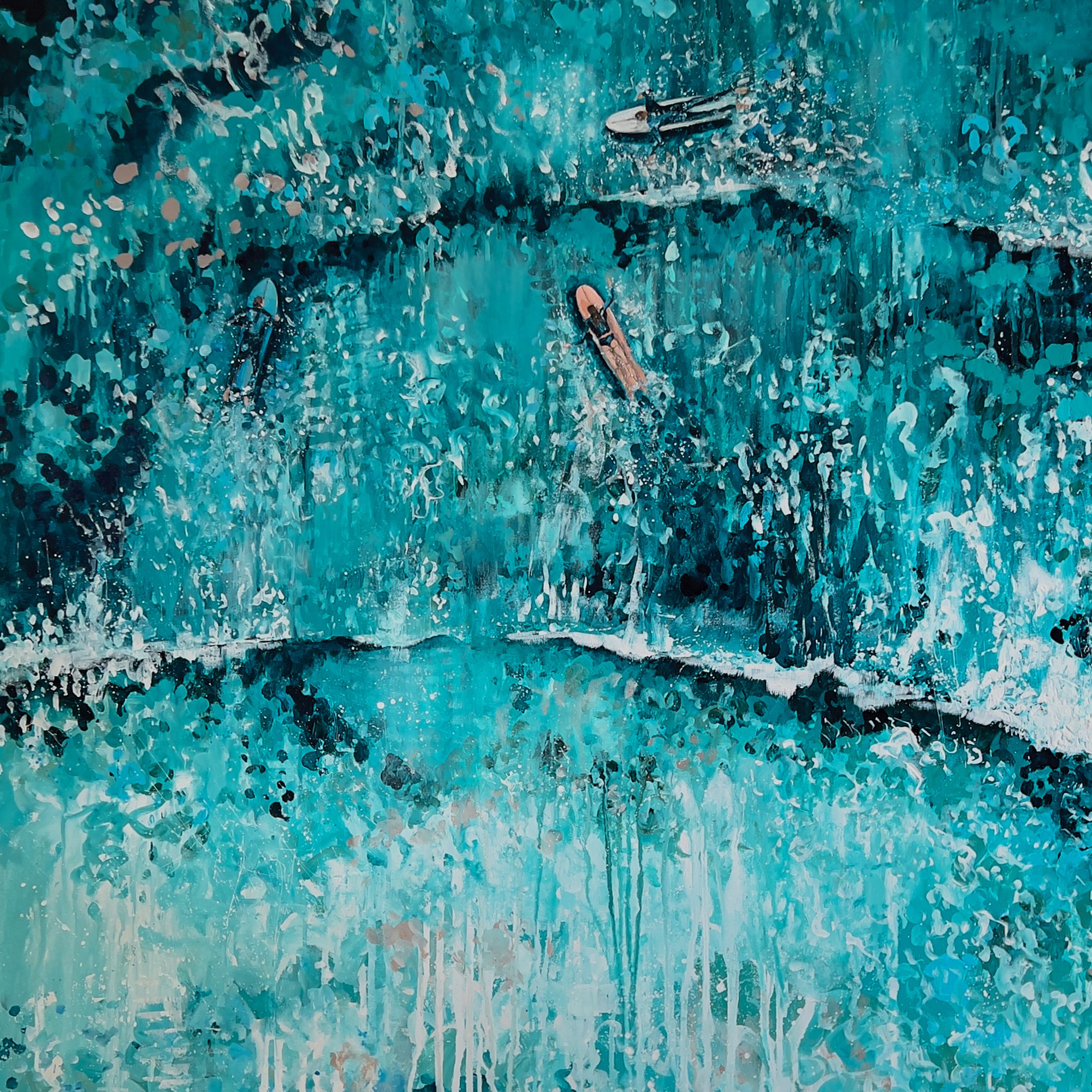 Large original acrylic painting 'Watching, Waiting, Wishing' by Lucy Young. Features three female surfers waiting in dark blue Atlantic waves at Porthmeor Beach, St Ives.