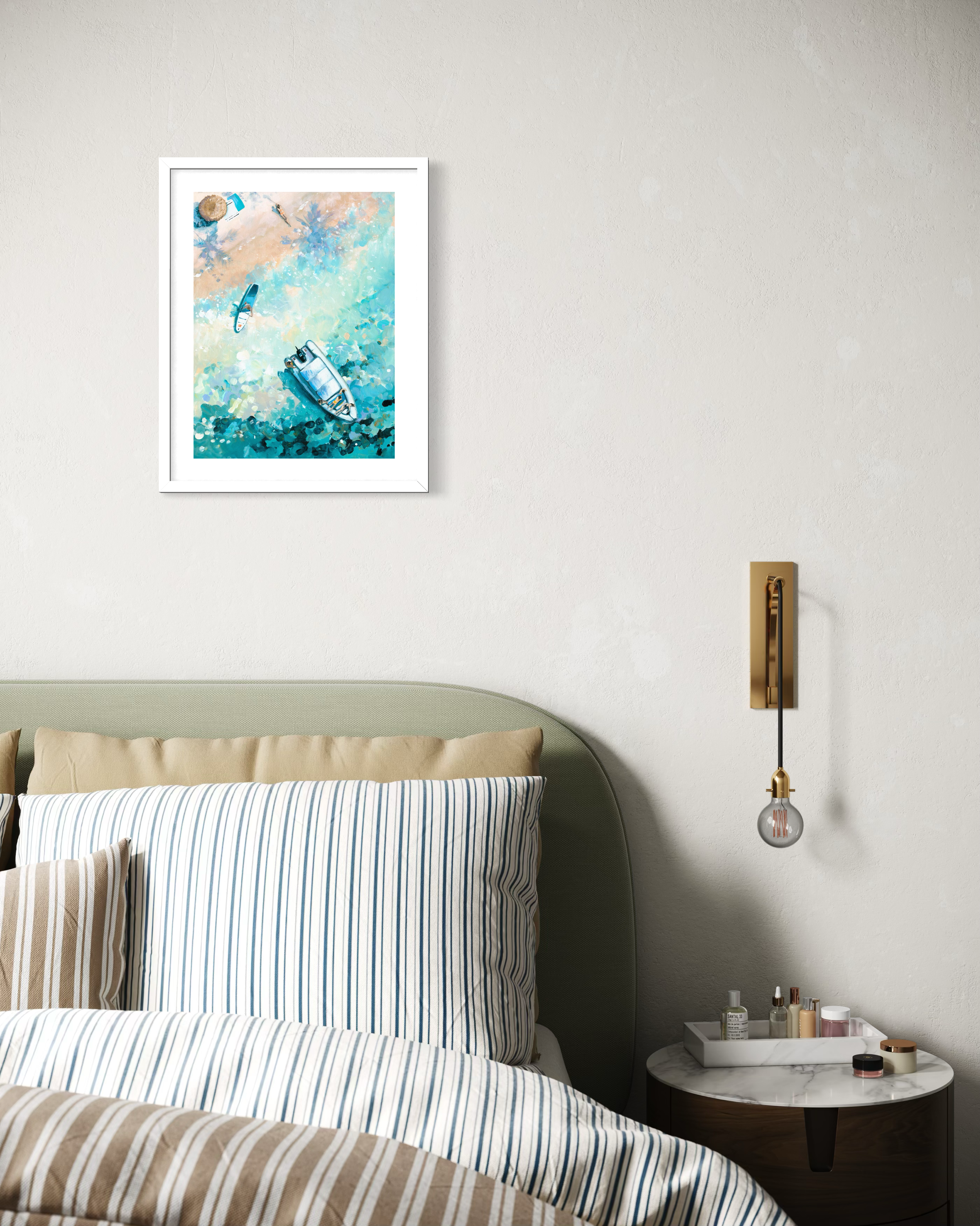 small aerial art print titled Through The Palms by Lucy Young, showing the vibrant turquoise water and white sand.