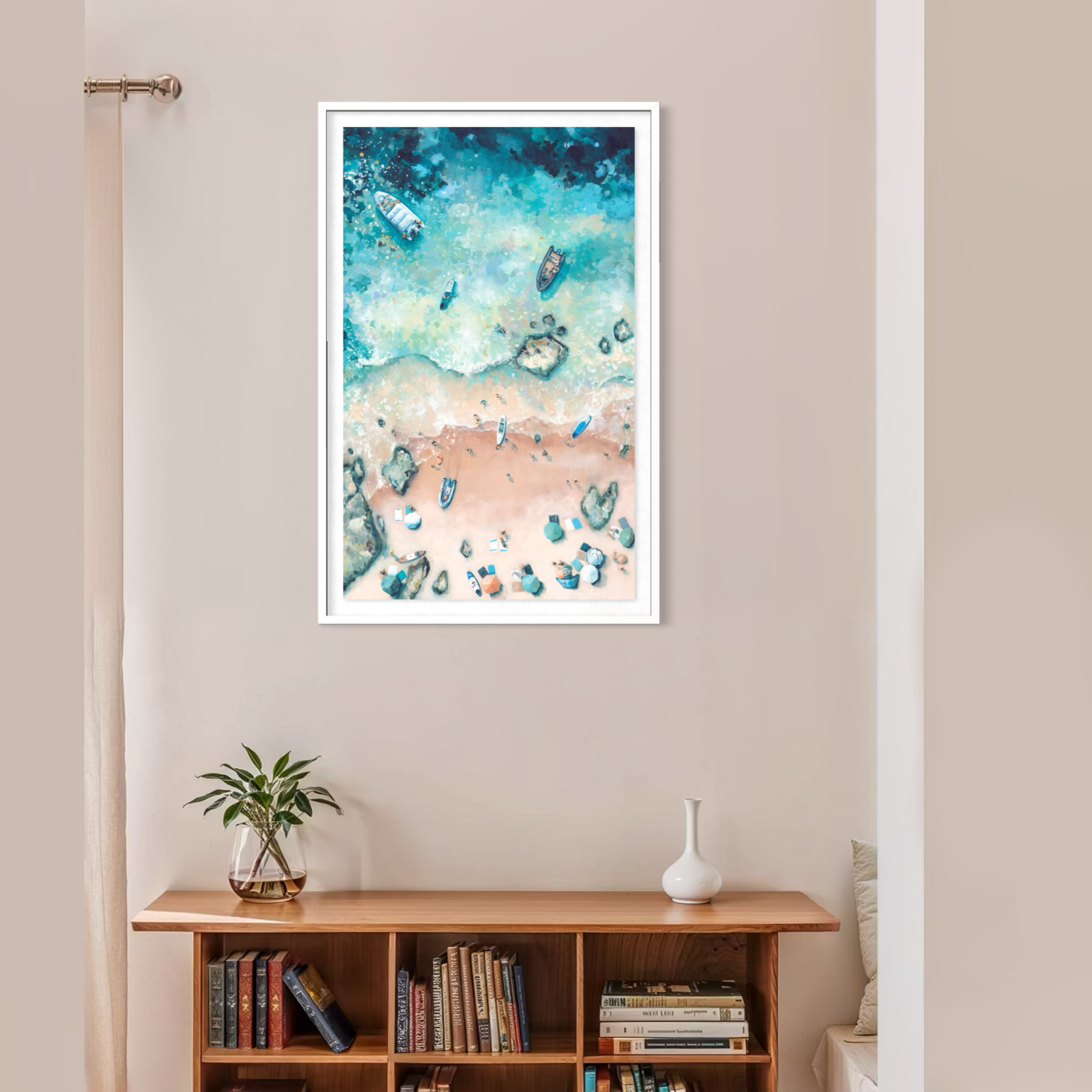 The Beach Landing print styled in a bright, modern hallway, evoking memories of summer BBQs and boating in South Devon