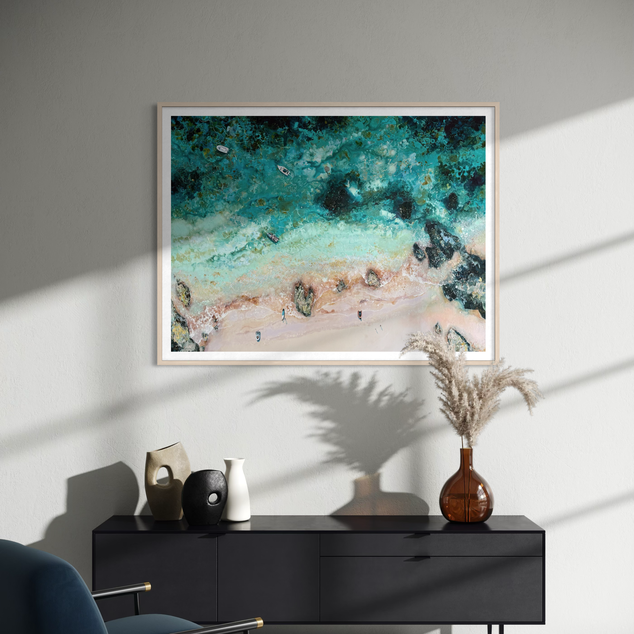 aerial seascape art print of mill bay on the Salcombe estuary, Devon, featuring turquoise water and white sand by Lucy Young
