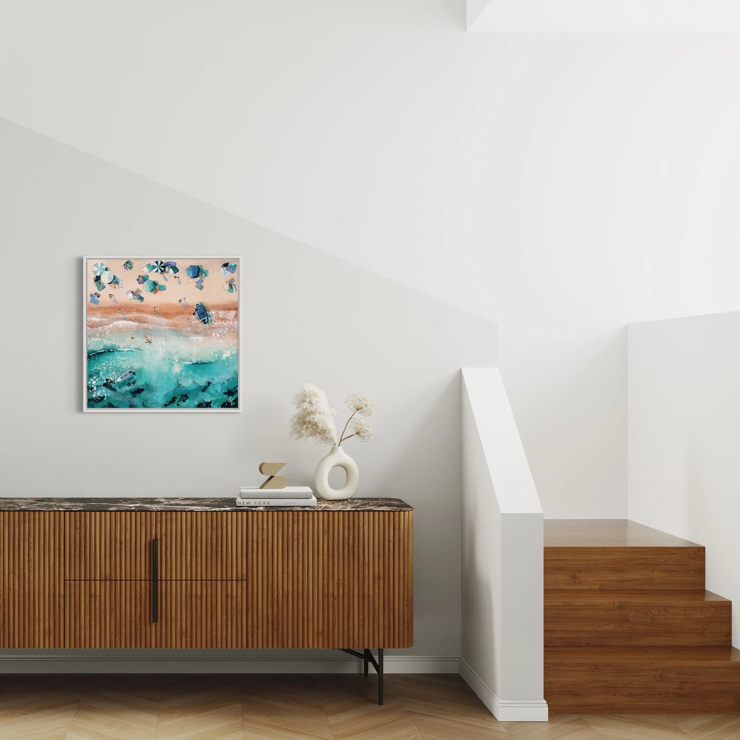 Celebrate "Summer Time" at Sandbanks with this original acrylic painting by Lucy Young. Featuring the iconic Cadbury ice cream boat, turquoise Dorset waters, and sun-worshippers. A vibrant aerial study of Britain's most exclusive beach.