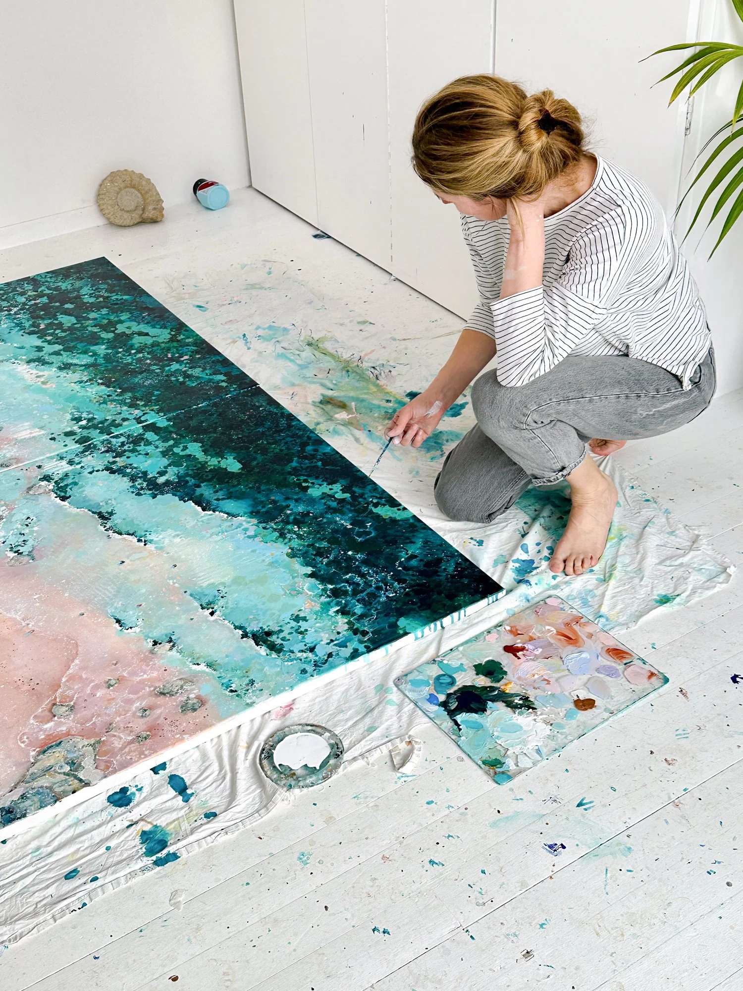 Large-scale contemporary coastal diptych 'Shifting Sands' and 'Effervescent Shores' by Lucy Young. A pair of original acrylic paintings of the South Hams coast in white float frames.