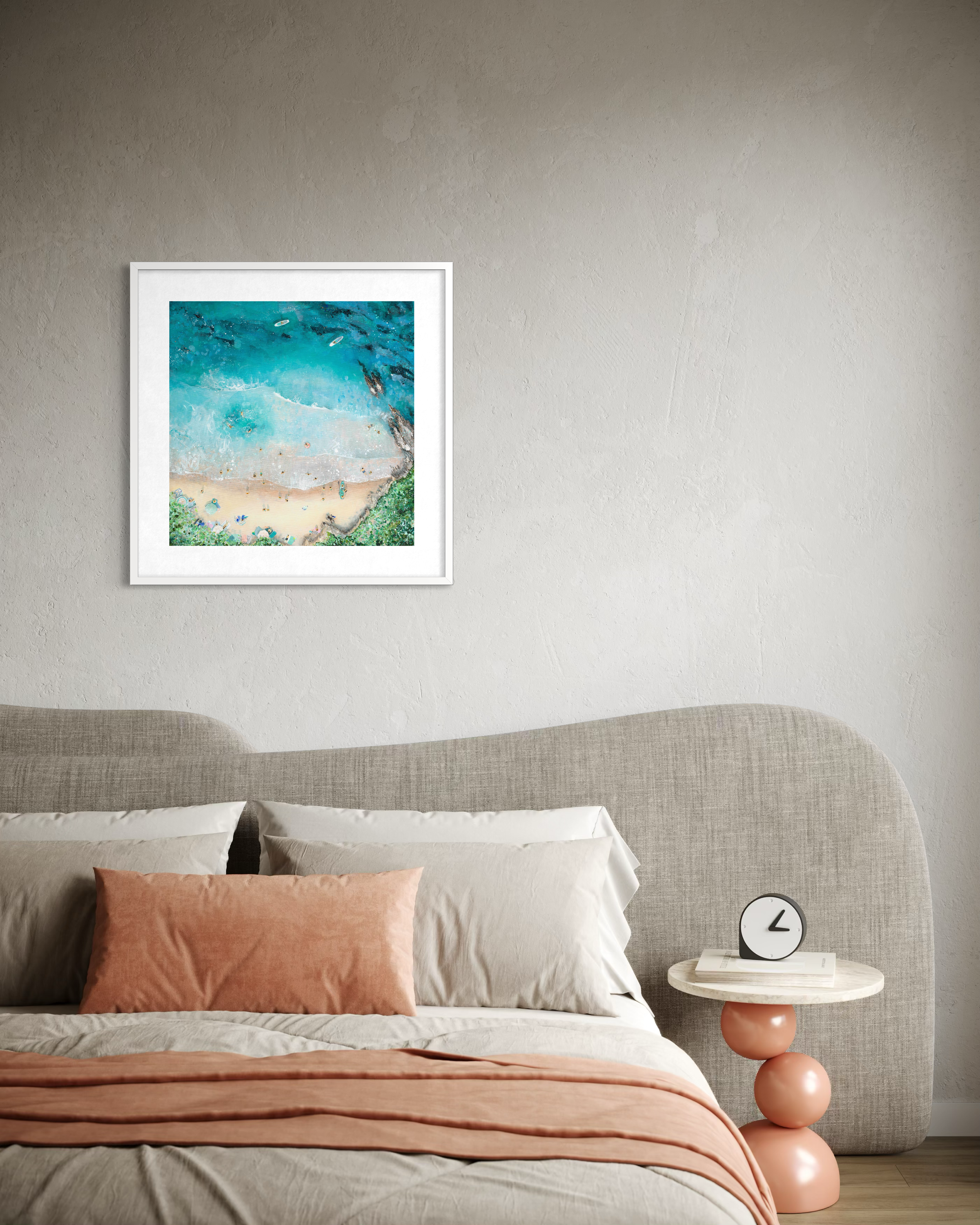 the Secret Hideaway print styled in a bright, coastal themed bedroom, creating a peaceful and sunny atmosphere.