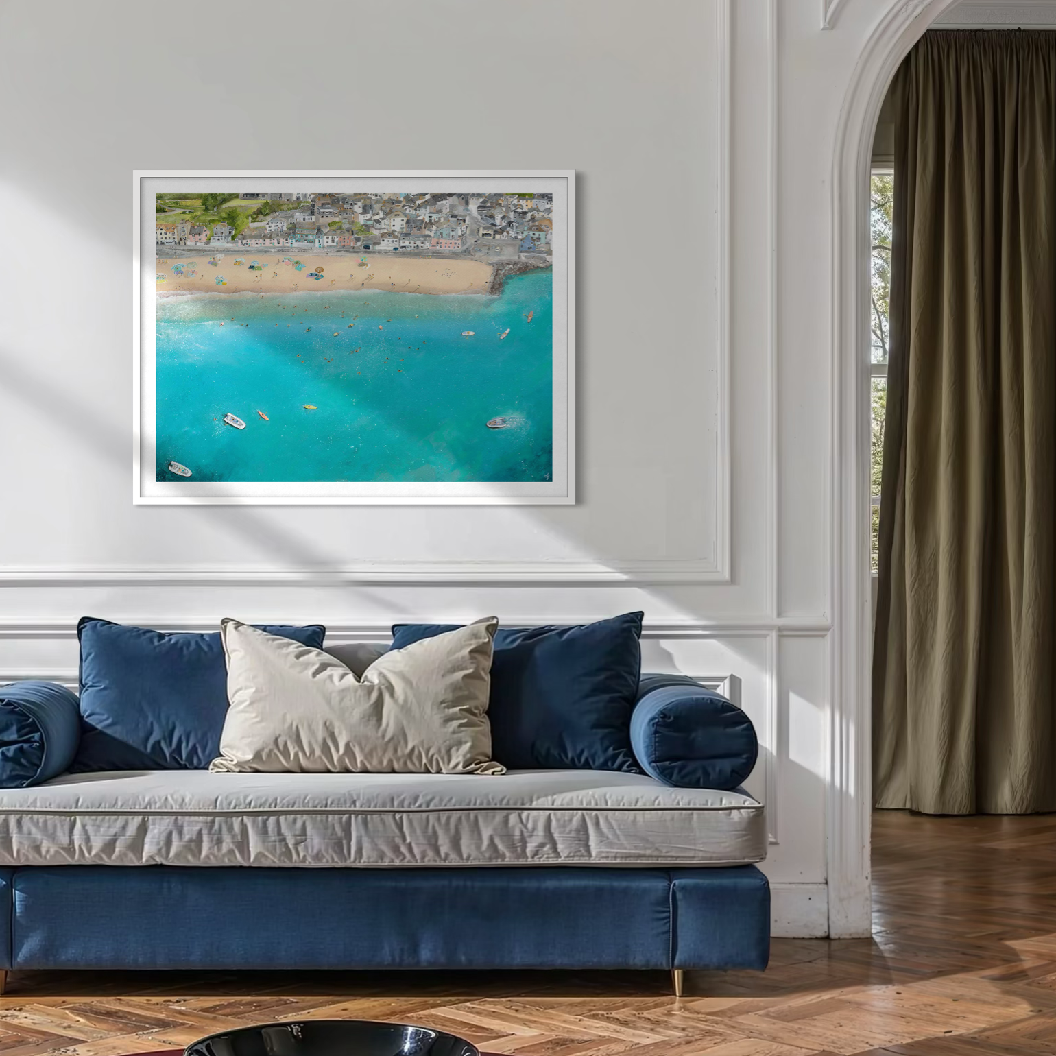 The Lyme Light And Life print styled in a bright victorian lounge, showcasing the colourful architecture and summer beach of Lyme Regis.