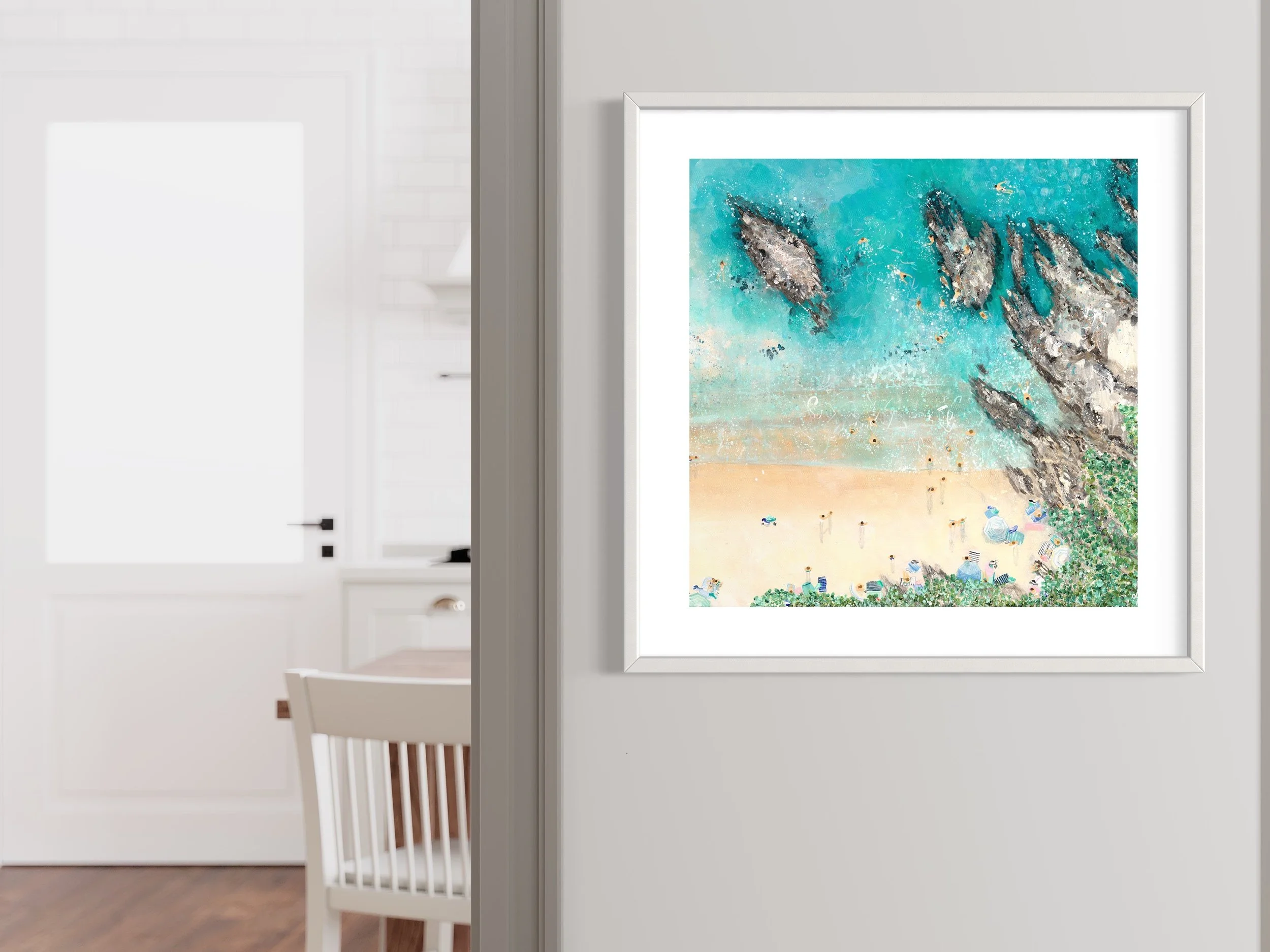 The Sunny Cove II print styled in a modern hallway, evoking a sense of coastal calm and serenity.