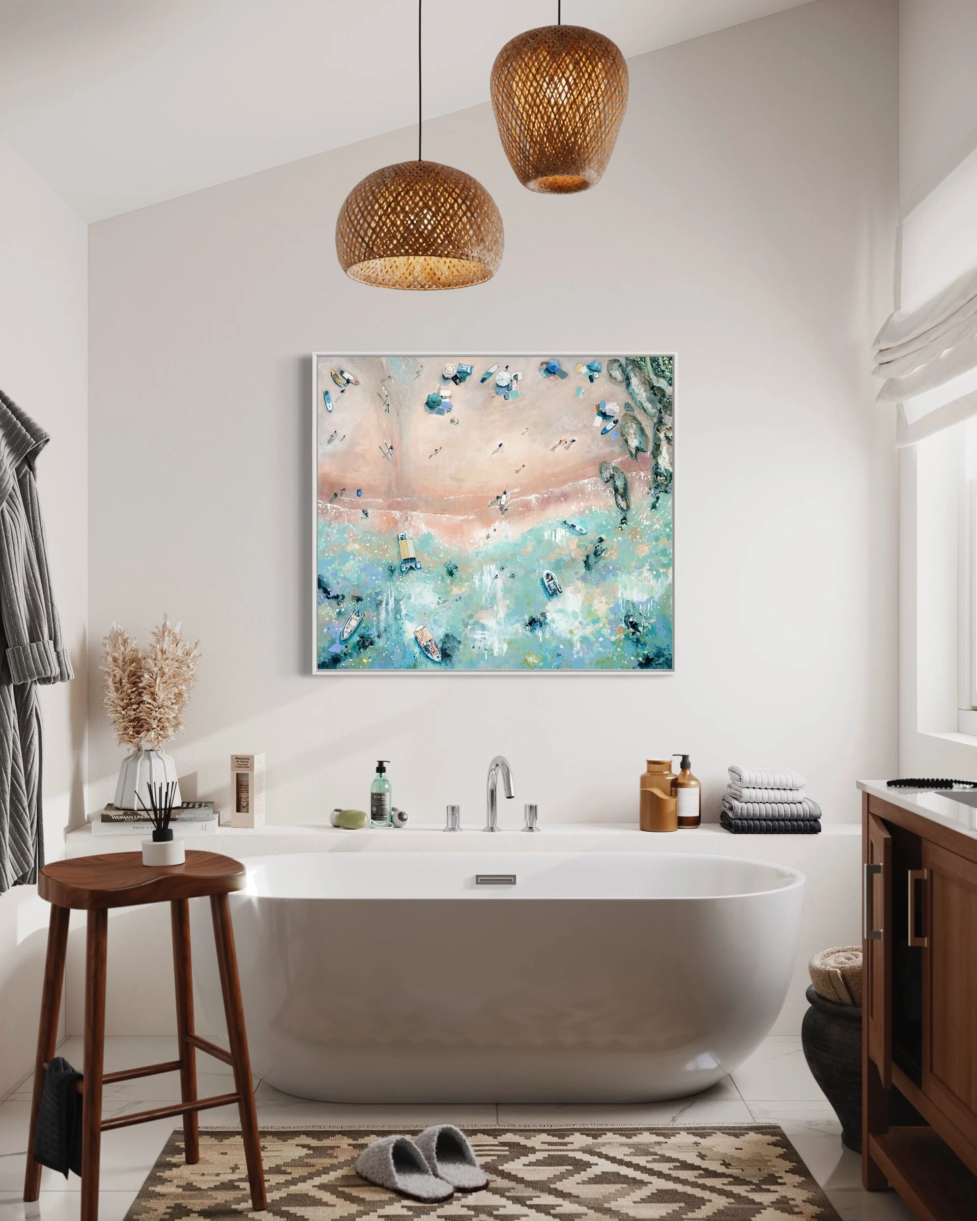 Original aerial acrylic painting 'From Land to Sea II' by Lucy Young. Features the South Sands ferry and tractor on the beach in Salcombe with a pastel summer palette.