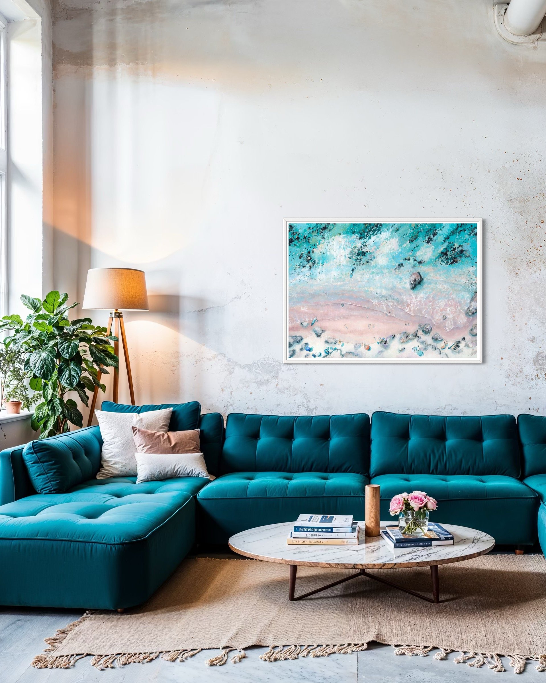 large coastal print hanging in a large contemporary living room, featuring a blue sofa, polished plater and a Lucy Young aerial seascape print