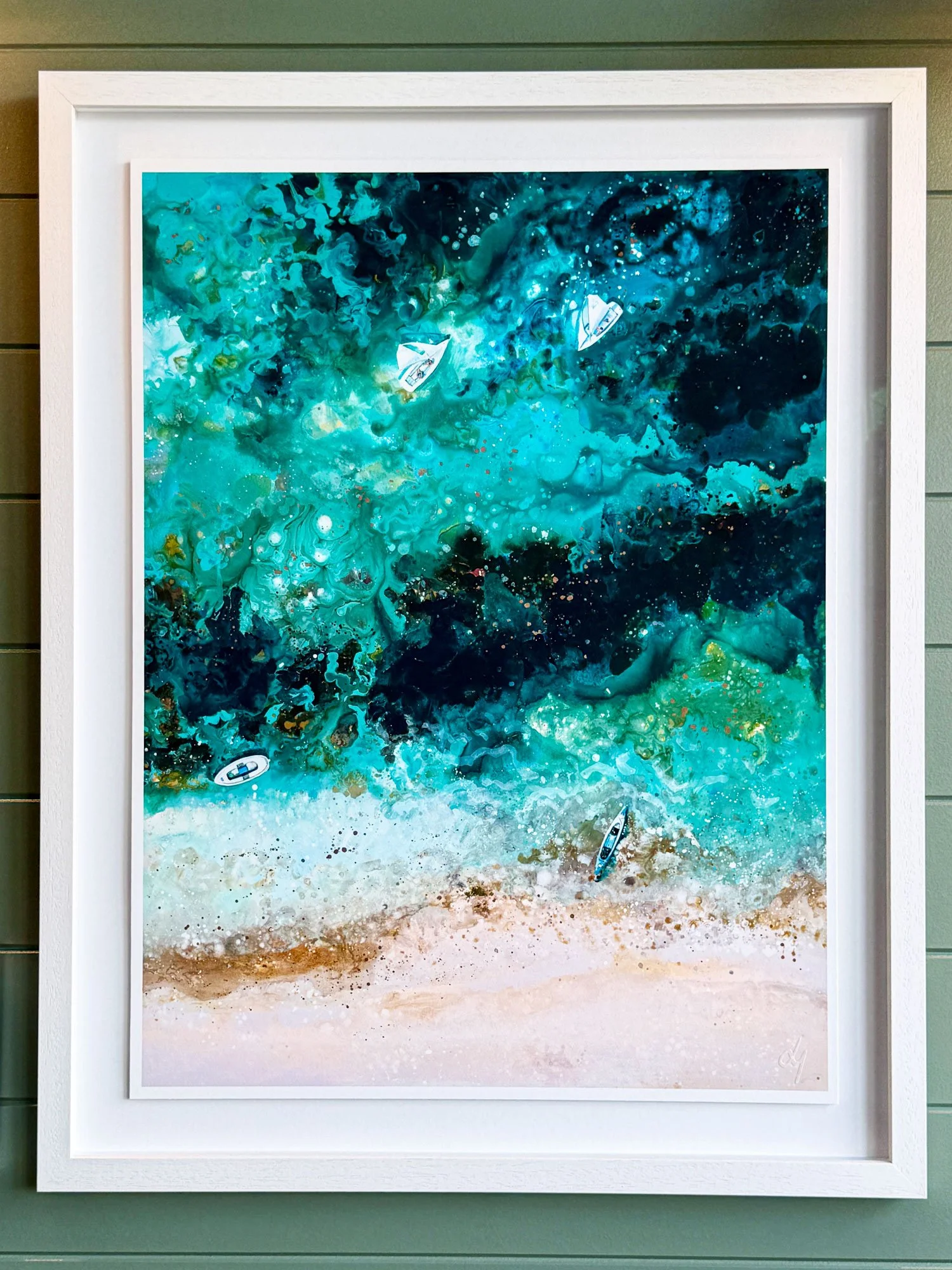 Lucy young's fine art print framed with a white frame and art glass