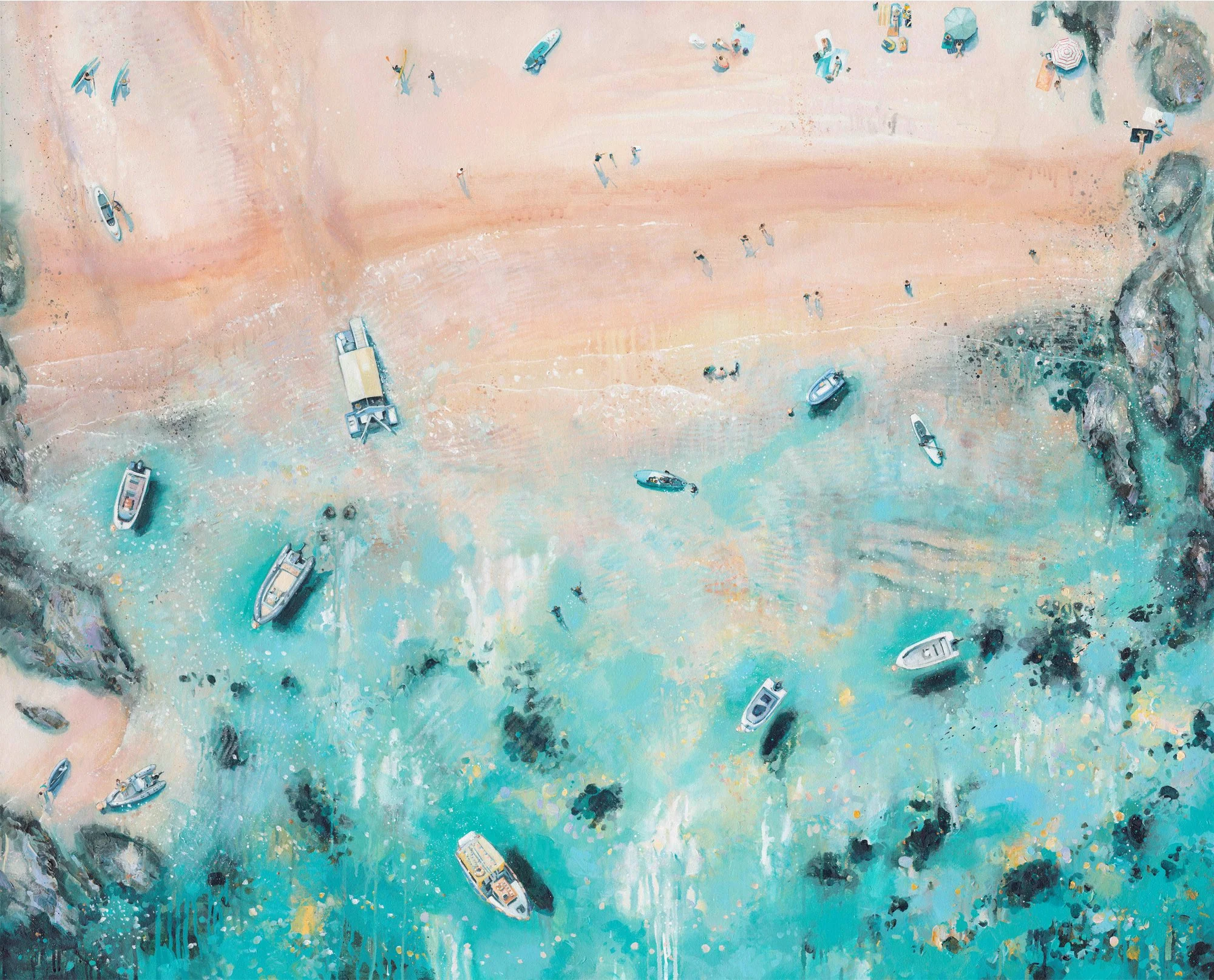 Vibrant aerial art print titled South Sands by Lucy Young, featuring the iconic south sands slalom be ferry and sea tractor, celebrating summer beach life in South Devon