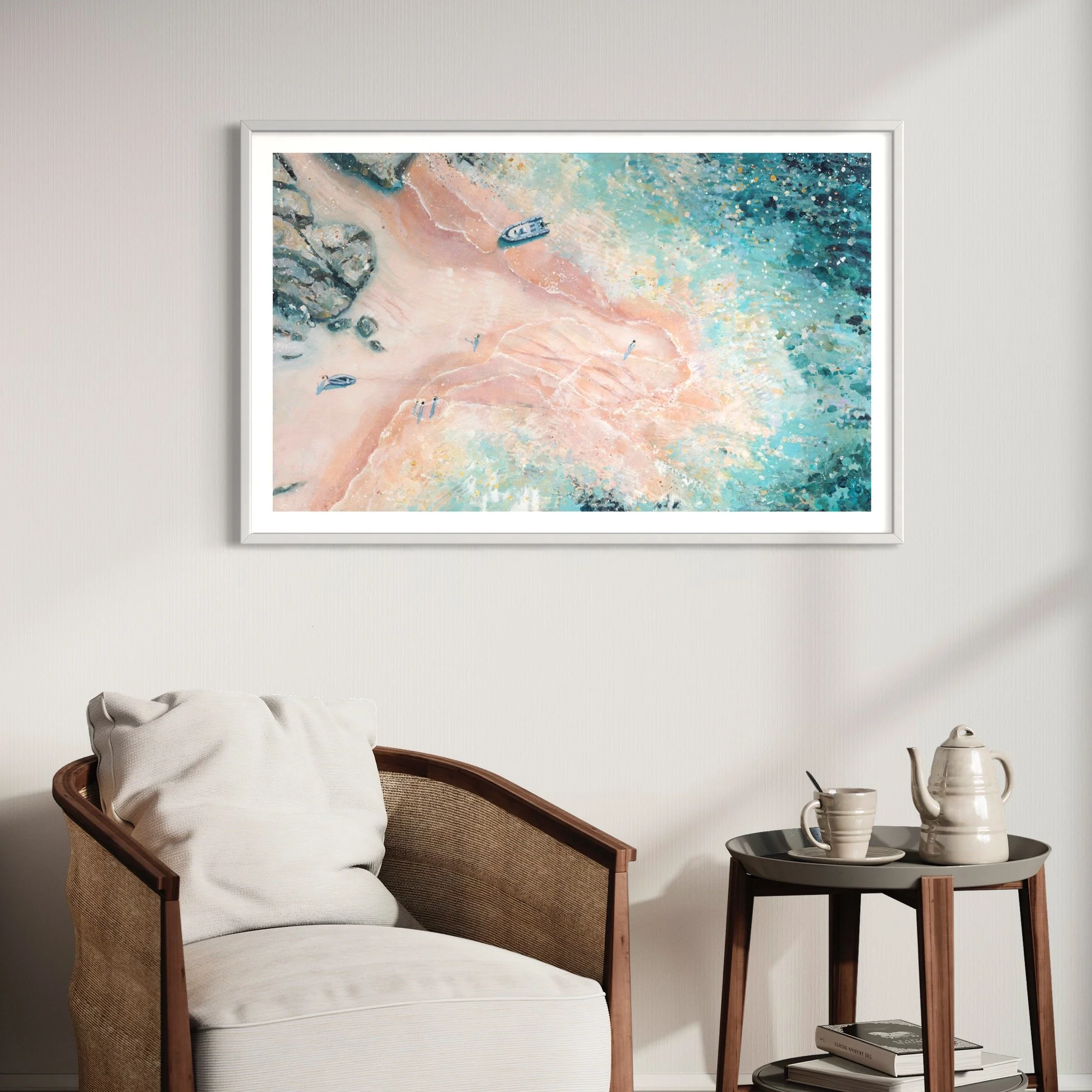 Pastel coastal art print titled Tidal Grace by Lucy Young, depicting The hippie tidal secret beach with pink and turquoise hues.