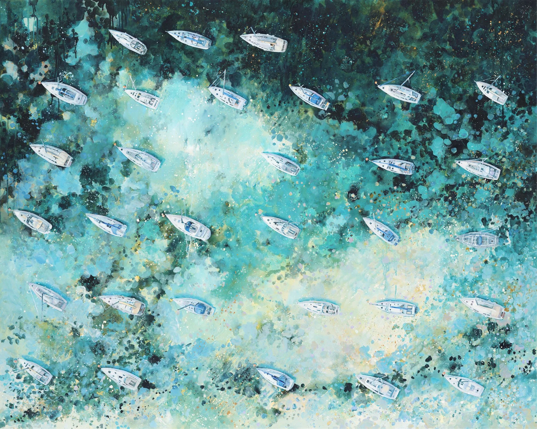 Close-up of the painterly details of the yachts and artist's signature on the Whispering Sails gicée print.