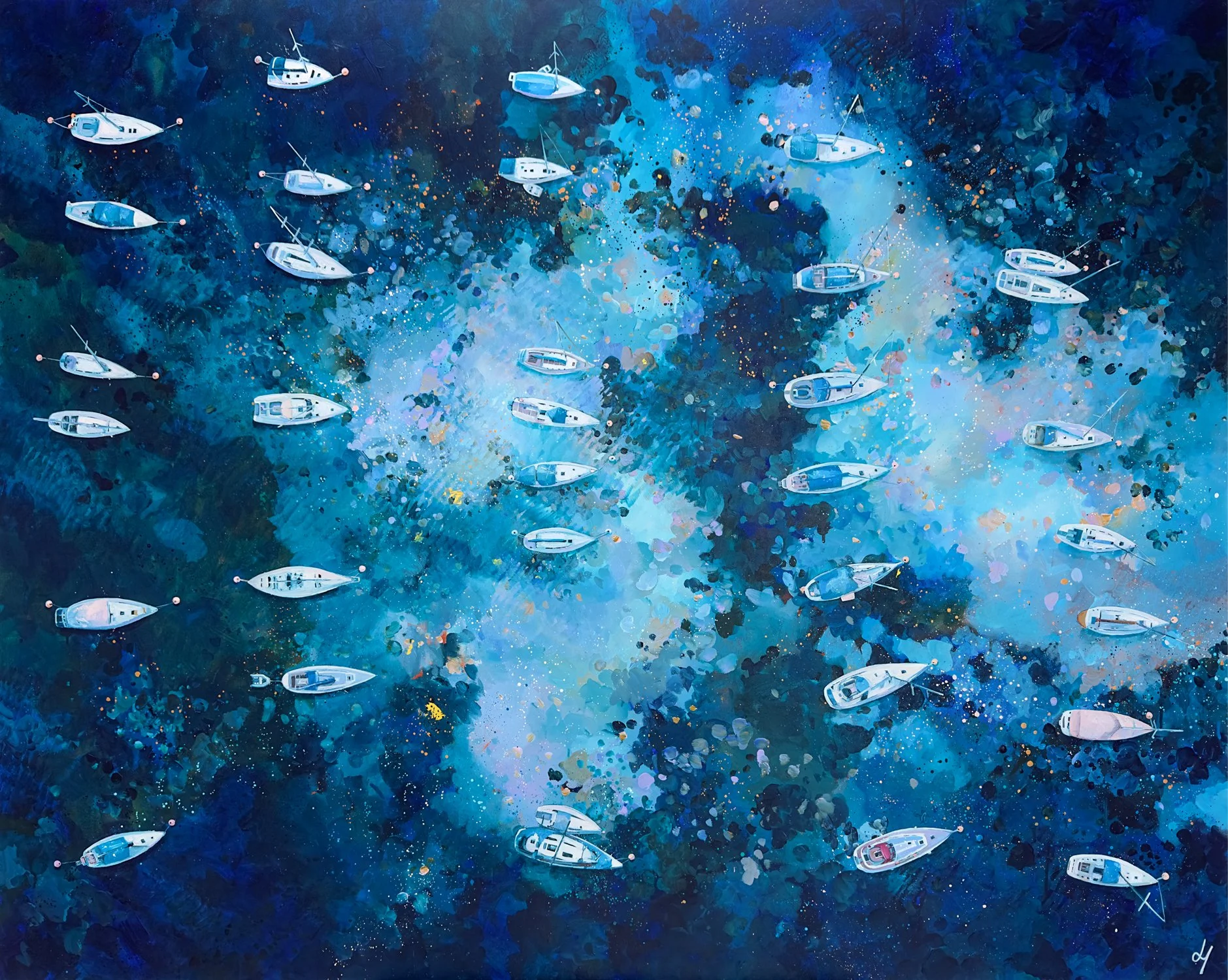 Large original aerial seascape 'Silent Blue' by Lucy Young. Features white yachts moored in deep, dark blue water in a quiet, atmospheric harbour setting.
