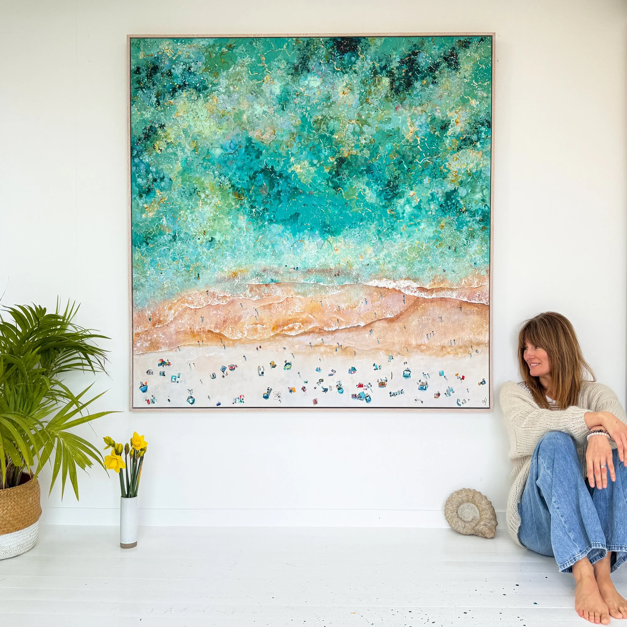 Large 1.5m original Porthminster Beach painting by Lucy Young. A wide-scale St Ives seascape featuring vibrant 'confetti' colours and turquoise water.⁠
