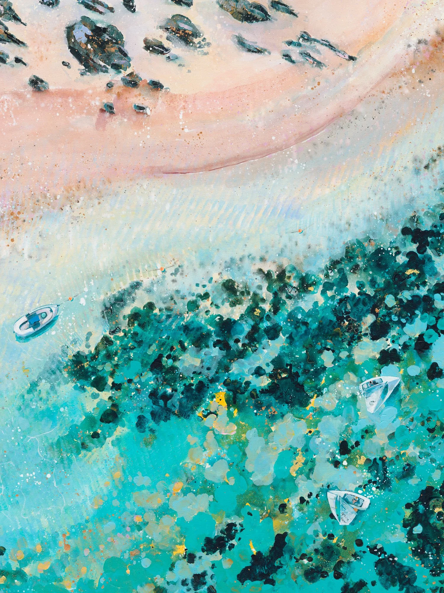 Close-up of the minature boats and beachgoers at Smalls Cove on the Mill Bay Manoeuvres archival giclée print