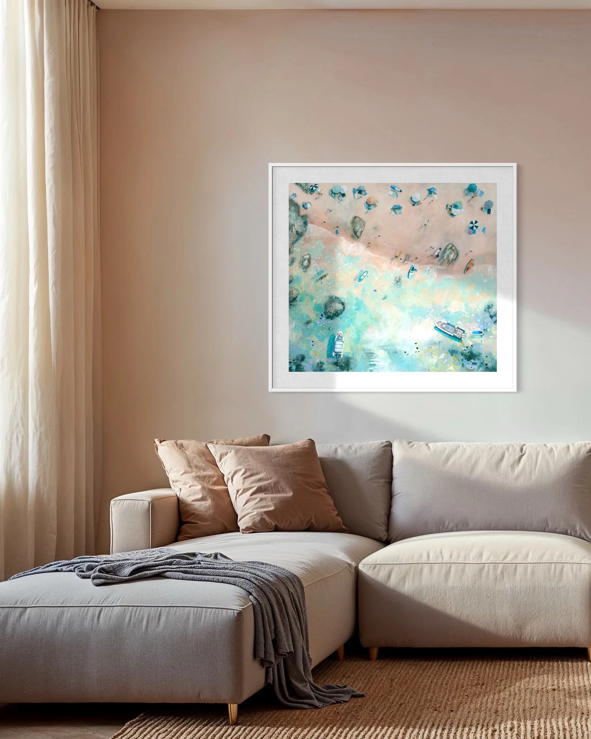 aerial seascape art print of sunny cove beach in Salcombe, Devon, featuring turquoise water and golden sand by Lucy Young