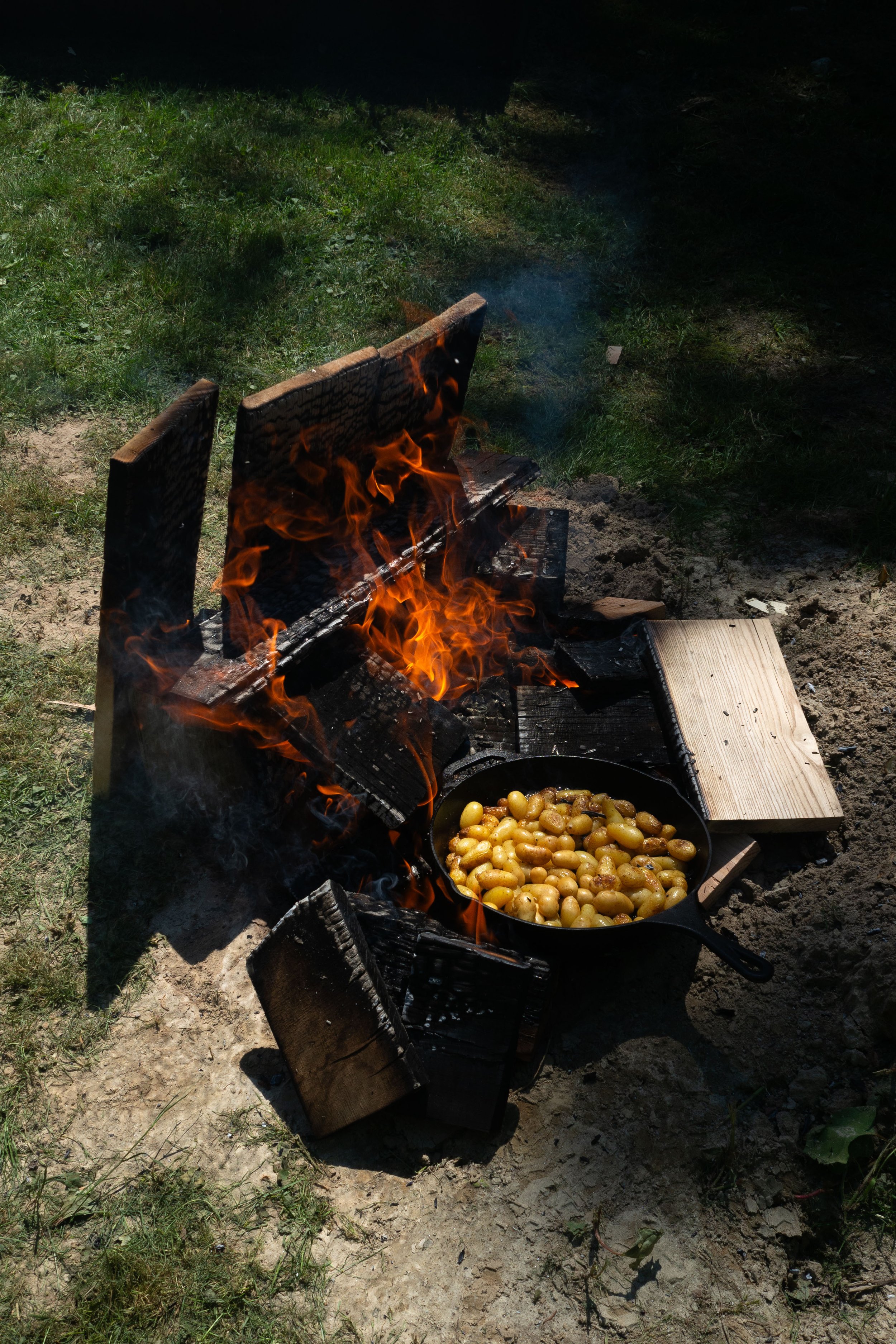 A campfire with flames burning under a grill pan filled with yellow potatoes, set outdoors on dirt and grass.
