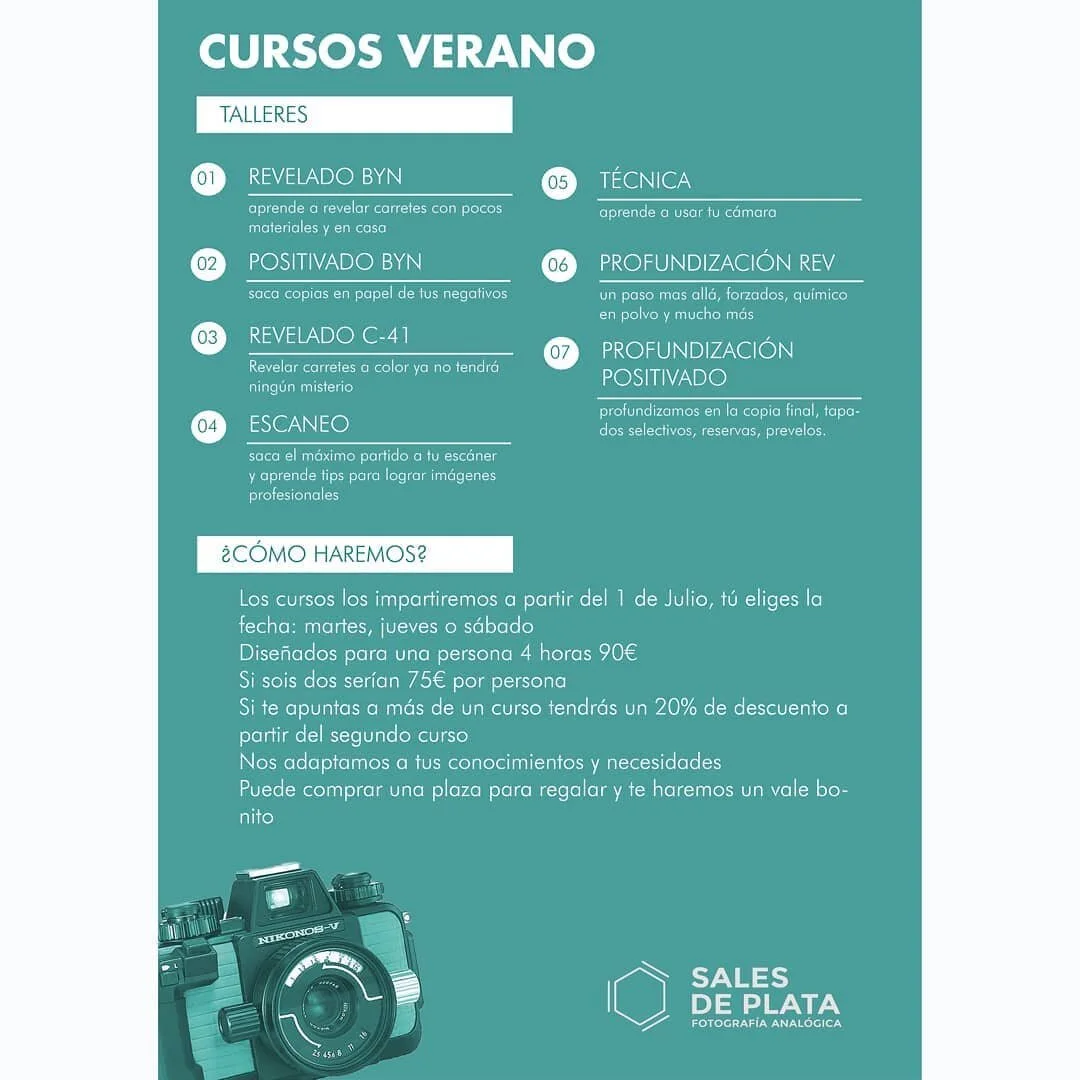 **Talleres de verano**
.
.
Todo a cambiado en estos meses, y nuestras formaciones se adaptan a las nuevas medidas. Este verano daremos talleres de una y dos personas, para poder mantener las distancias reglamentarias y ya que estamos hacerlo todo m&aacute;s perosnalizado. .
.
A partir de julio, cada clase es de 4 horas, y podr&aacute;s elegir entre martes, jueves o s&aacute;bado para formarte. Y si te apuntas a dos cursos tendr&aacute;s un 20% de descuento. Ya puedes escribirnos o llamarnos y reservar tu taller, ahora que a muchos nos han entrado las ganas de carrete y montar nuestros labos es buen momento para profundizar en todo ello.
.
.
Estamos abiertos a propuestas, quiz&aacute; te interese una clase de gran formato, iluminaci&oacute;n con flash, cianotipia, lumens... Somos todo o&iacute;dos :)
#filmphotography #supportsmallbusiness #photographyschool #analogphotography #developefilm #darkroom #believeinfilm