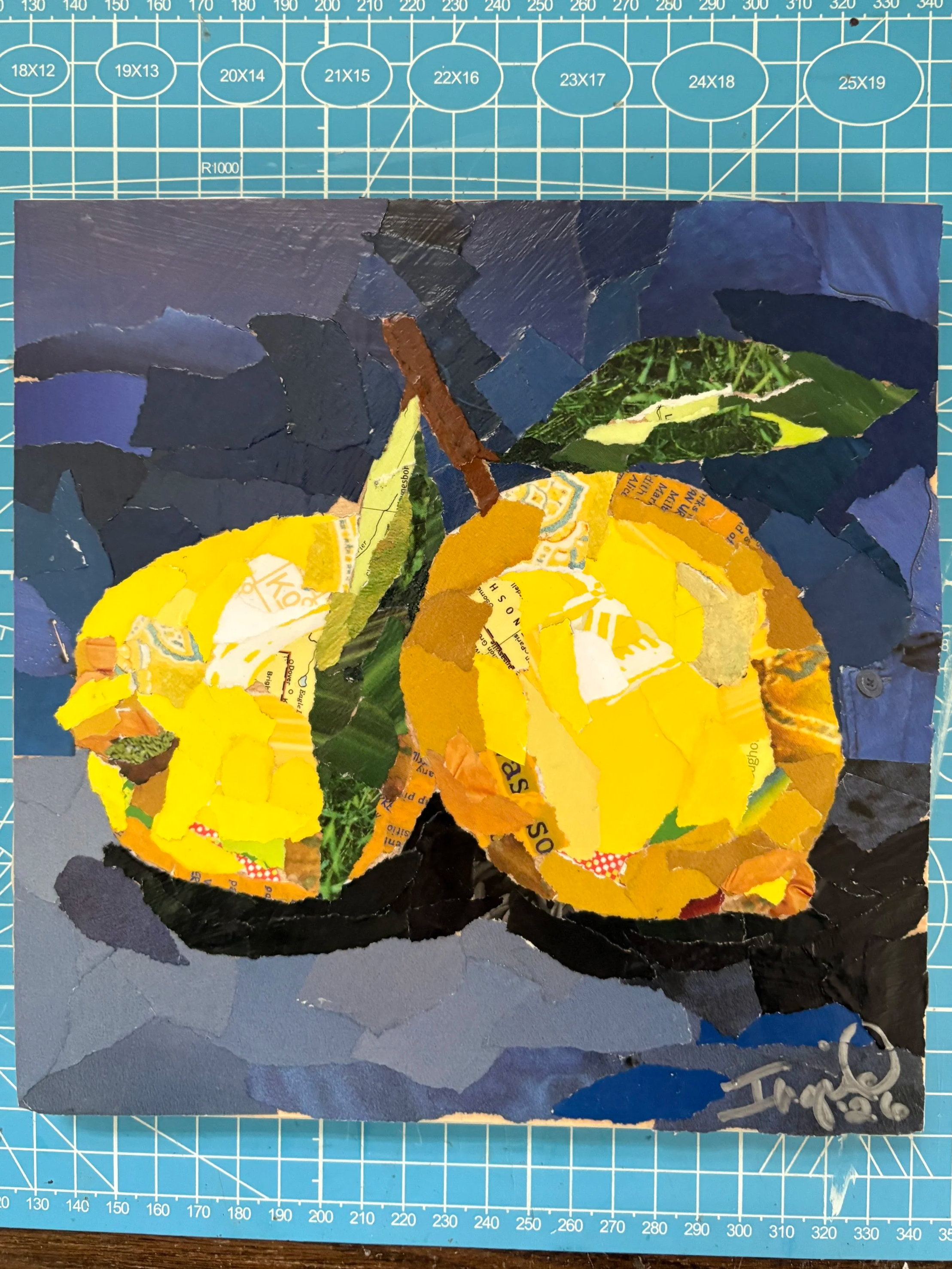 Still life lemon collage 8x8 square on wood panel. Original torn paper collage from recycled book materials. $100 - message me to purchase.