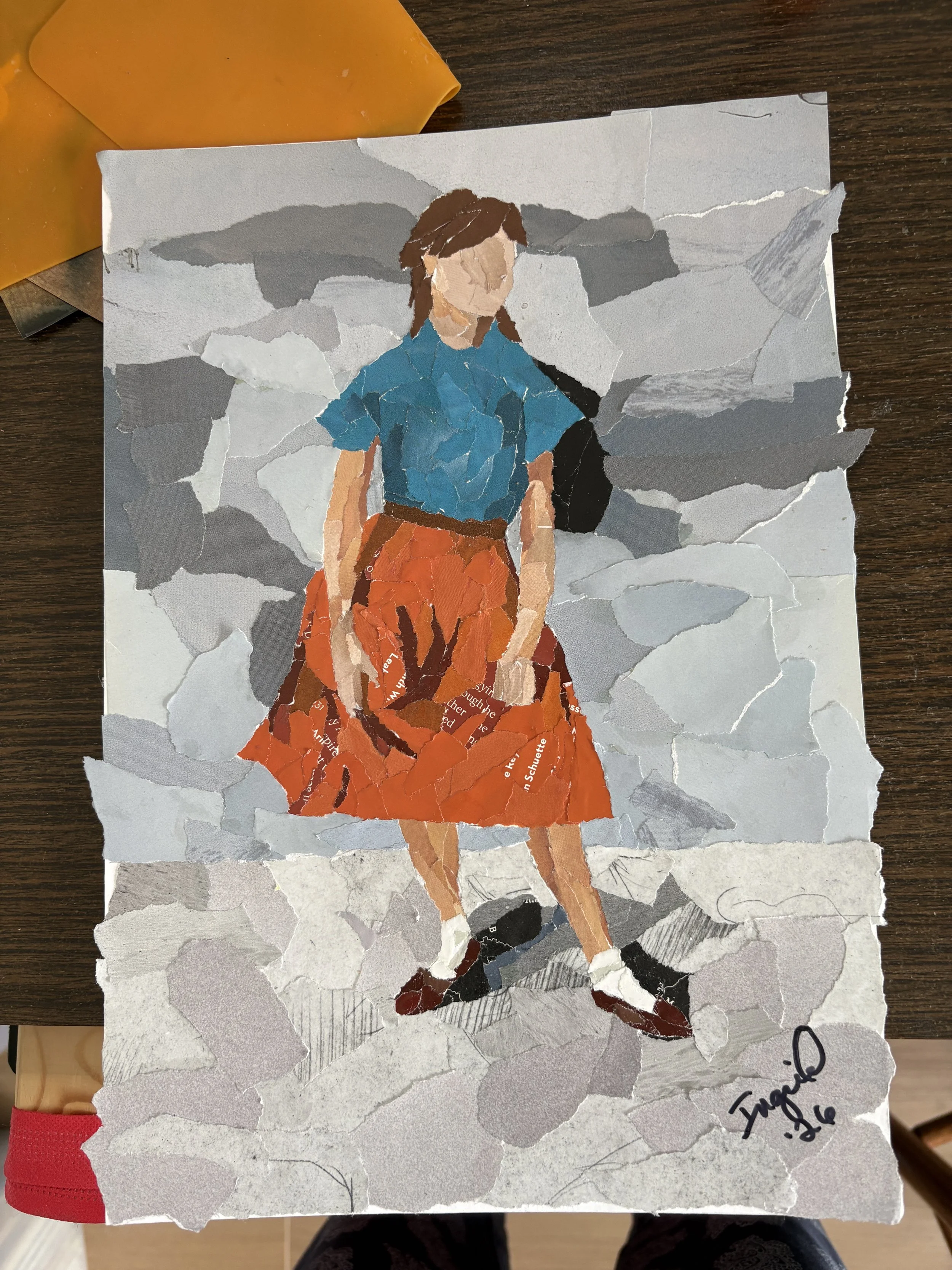 Girl in orange skirt - torn paper collage, original artwork from recycled book materials