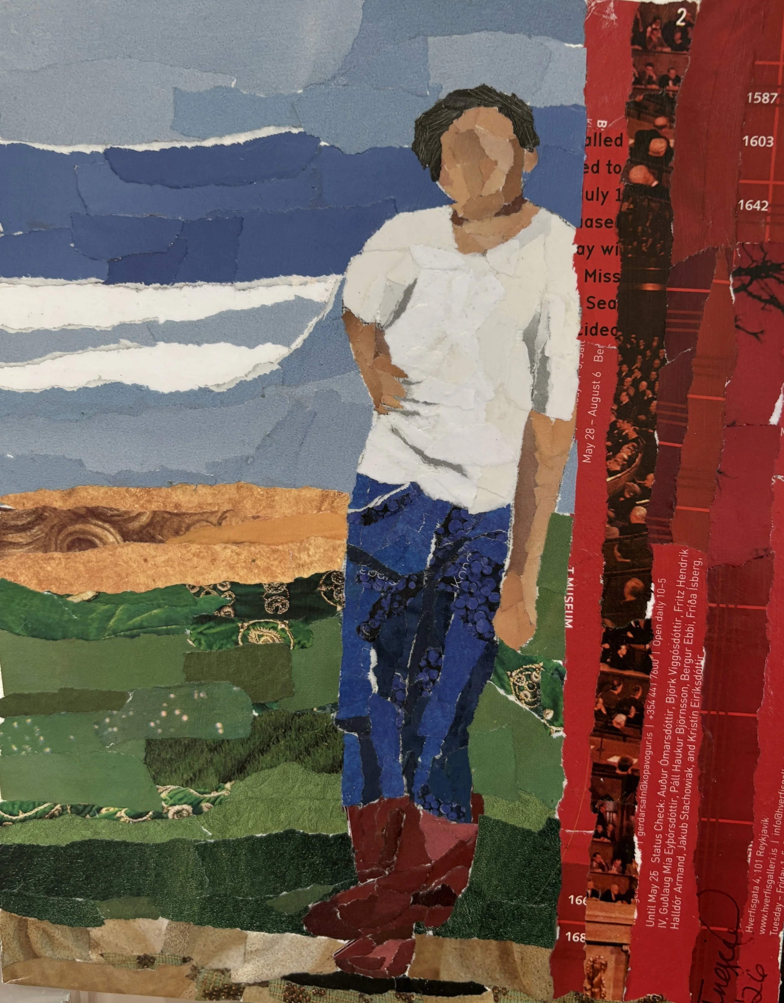 Boy leaning on barn - 8x10 original torn paper collage on canvas panel. $125
