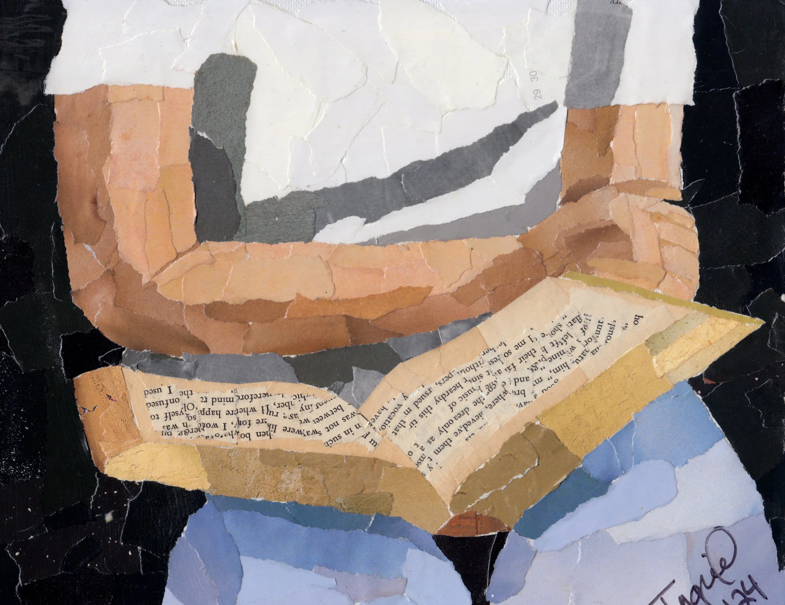 Woman reading torn paper collage original artwork