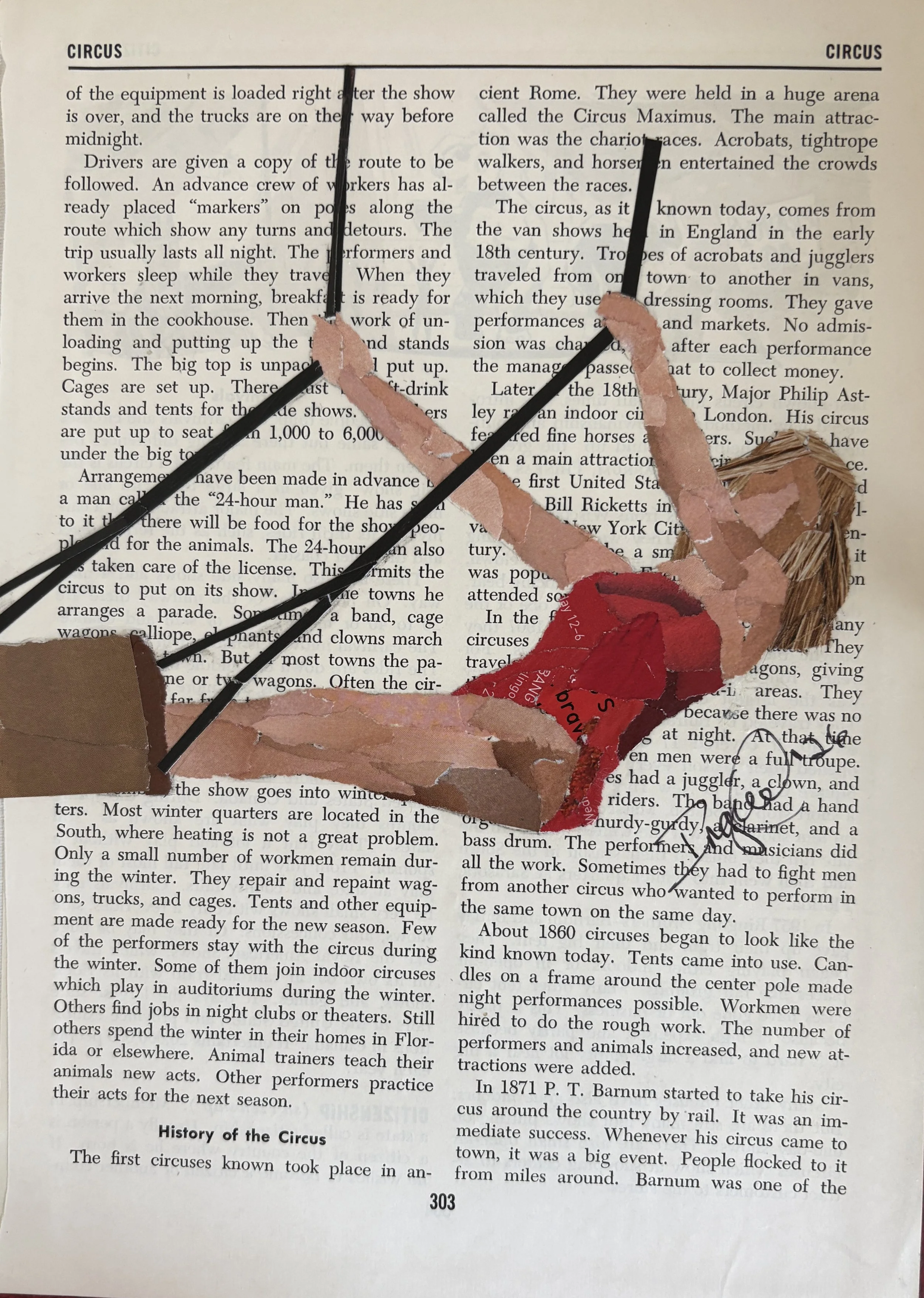 Circus - original torn paper collage art assembled on encyclopedia cover, with entry page for "circus" as background. approximately 8x10, recycled book materials and archival glue. $100 