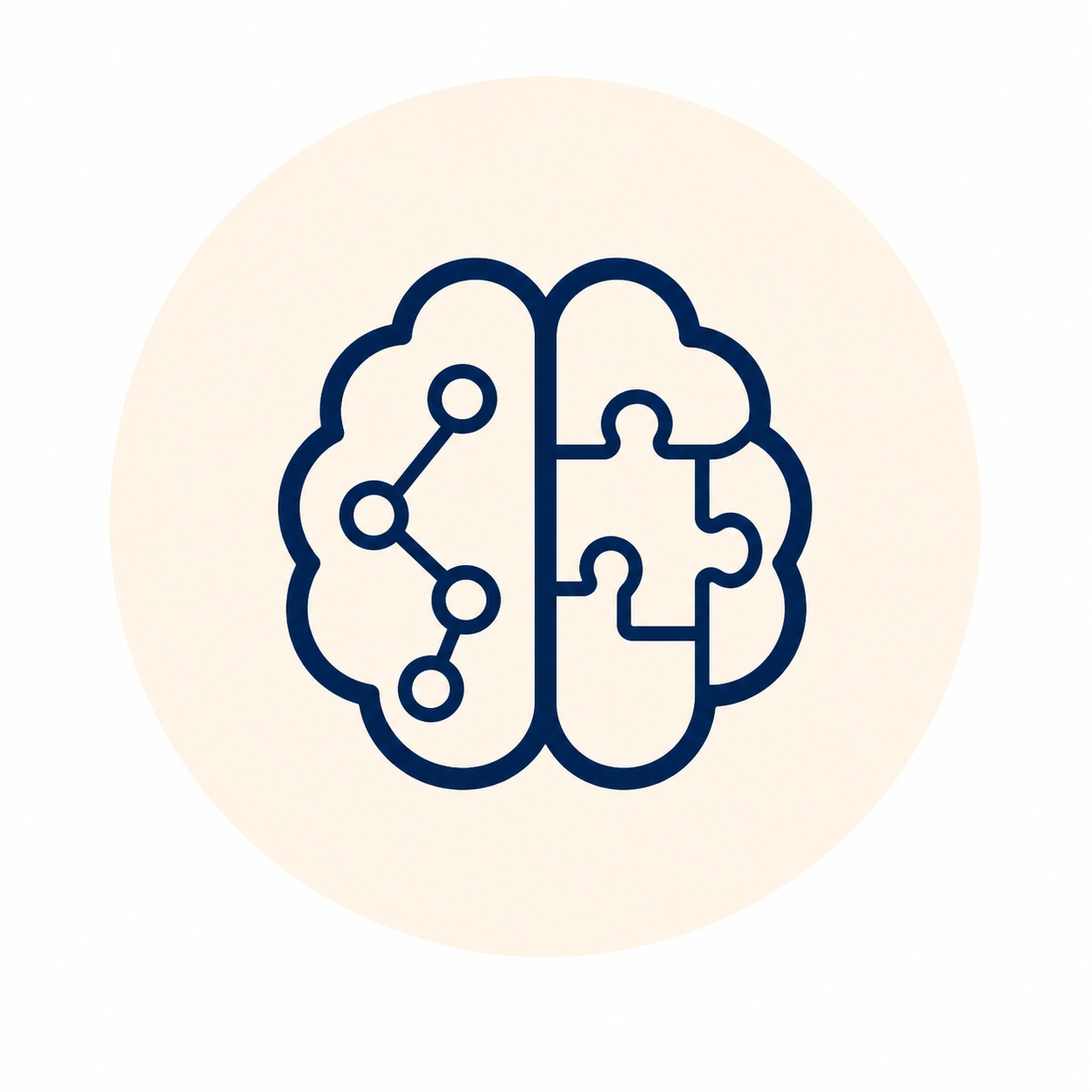 Stylized illustration of a brain divided into two halves: the left side with connected nodes representing data or neural networks, and the right side with interconnected puzzle pieces symbolizing problem-solving or cognition.