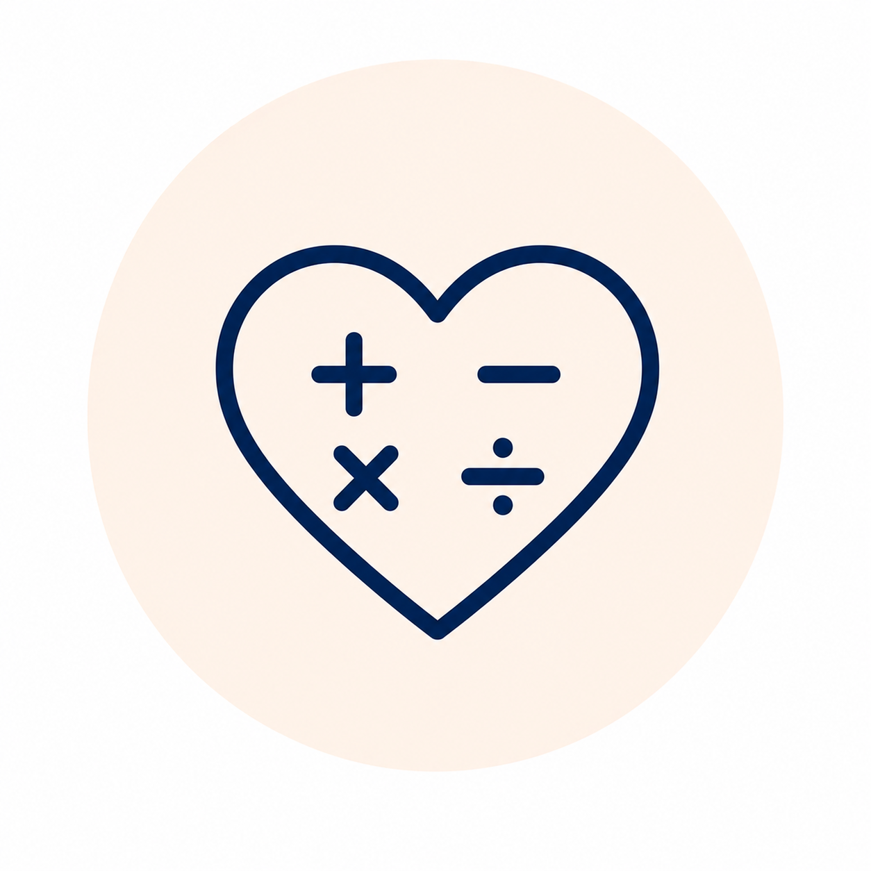 Outline of a heart with plus, minus, multiply, and divide symbols inside.
