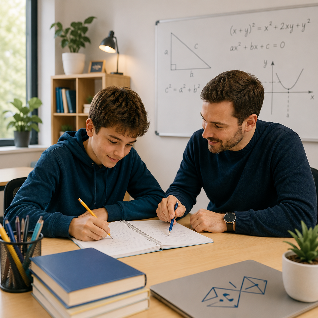 A teacher helping a student with homework in a classroom with math equations on a whiteboard.