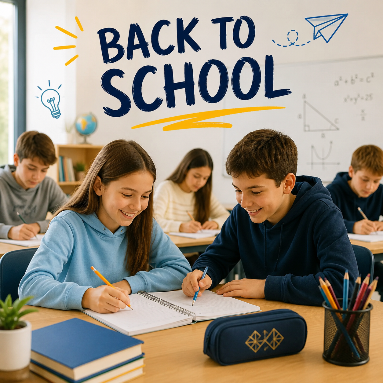 Students sitting at desks in a classroom, working on schoolwork, with a large 'Back to School' sign on the wall behind them.