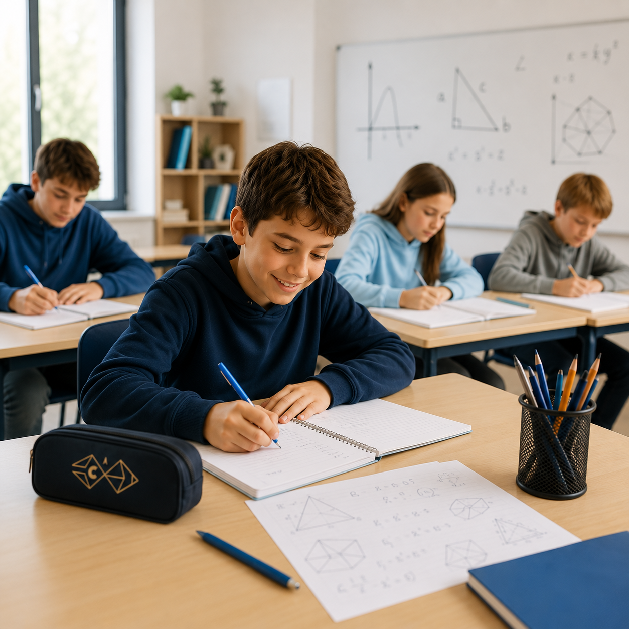 A classroom with four students sitting at desks, working on math problems, with a whiteboard with geometrical shapes and formulas in the background.
